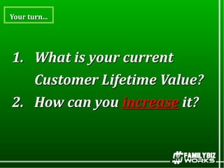 1. What is your current
Customer Lifetime Value?
2. How can you increase it?
Your turn...
 