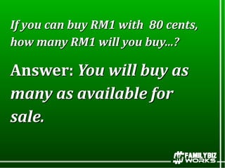Answer: You will buy as
many as available for
sale.
If you can buy RM1 with 80 cents,
how many RM1 will you buy...?
 