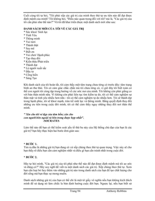 Trang 94 Anthony Robbins
Cuối cùng tôi tự hỏi, "Tôi phải xếp các giá trị của mình theo thứ tự ưu tiên nào để đạt được
định mệnh của mình? Tôi không hỏi, "Điều nào quan trọng đối với tôi? mà là, "Các giá trị của
tôi cần phải như thế nào?" Và tôi đã khai triển được một danh sách mới như sau:
DANH SÁCH MỚI CỦA TÔI VỀ CÁC GIÁ TRỊ
* Sức khoẻ/ Sinh lực
* Tình Yêu
* Thông minh
* Vui tươi
* Thành thật
* Say mê
* Biết ơn
* Vui chơi/ Hạnh phúc
* Tạo thay đổi
* Kiến thức/Phát triển
* Thành đạt
* Là người xuất sắc
* Đầu tư
* Cống hiến
* Sáng Tạo
Khi danh sách của tôi hoàn tất, tôi cảm thấy một tâm trạng chưa từng có trước đây: tâm trạng
bình an thư thái. Tôi có cảm giác chắc chắn mà tôi chưa từng có, vì giờ đây tôi biết toàn cơ
thể con người tôi cùng tập trung hướng về các ước mơ của mình. Tôi không còn phải giằng co
với bản thân mình nữa. Vì không còn phải liên tục tìm kiếm tự do, tôi có thể cảm nghiệm sự
thân mật và tình yêu nhiều hơn nữa - tôi có thể cảm nghiệm tự do nhiều hơn. Tôi sẽ thành đạt
trong hạnh phúc, tôi sẽ khoẻ mạnh, tràn trề sinh lực và thông minh. Bằng quyết định thay đổi
những ưu tiên trong cuộc đời mình, tôi có thể cảm thấy ngay những thay đổi nơi thân thể
mình.
" Xin cho tôi vẻ đẹp của tâm hồn; xin cho
con người bên ngoài và bên trong được hợp nhất".
-SOCRATES
Làm thế nào để bạn có thể kiểm soát yếu tố thứ ba này của Hệ thống chủ đạo của bạn là các
giá trị? bạn hãy thực hiện hai bước đơn giản sau:
* BƯỚC 1.
Tìm ra đâu là những giá trị bạn đang có và xếp chúng theo thứ tự quan trọng. Việc này sẽ cho
bạn thấy rõ điều bạn cần cảm nghiệm nhất và điều gì bạn cần tránh nhất trong cuộc đời.
* BƯỚC 2.
Hãy tự hỏi mình, "Các giá trị của tôi phải như thế nào để đạt được định mệnh mà tôi ao ước
và đáng có?" Hãy suy nghĩ để viết ra một danh sách các giá trị. Xếp chúng theo thứ tự. Xem
bạn cần loại bỏ hay thêm vào những giá trị nào trong danh sách của bạn để tạo chất lượng cho
đời sống mà bạn thực sự mong muốn.
Danh sách những giá trị của bạn có thể chỉ là một tờ giấy vô nghĩa nếu bạn không kích thích
mình để sử dụng nó làm chiếc la bàn định hướng cuộc đời bạn. Ngược lại, nếu bạn biết sử
 