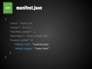 manifest.jsonJSON
{
"name": "Nyan Cat",
"version": "0.0.0.1",
"manifest_version": 2,
"description": "Look at Nyan Cat",
"browser_action": {
"default_icon": "nyancat.png",
"default_popup": "index.html"
}
}
 