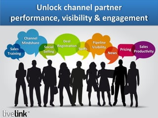Channel	
  
Mindshare	
   Pipeline	
  
Visibility	
  
Deal	
  
Registra6on	
  
Sales	
  	
  
Training	
  
Sales	
  
Produc6vity	
  
Social	
  
Selling	
  
Spiﬀs	
  
News	
  
Pricing	
  
Unlock	
  channel	
  partner	
  
performance,	
  visibility	
  &	
  engagement	
  
 