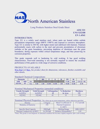 North American Stainless
Long Products Stainless Steel Grade Sheet
AISI 321
UNS S32100
EN 1.4541
INTRODUCTION:
Type 321 is a widely used stainless steel, where parts are heated within carbide
precipitation temperature range (800°F–1500°F) and exposed to corrosive atmosphere.
Type 321 is similar to 304 SS, with higher nickel and stabilized with titanium. Titanium
preferentially reacts with carbon in the steel and prevents precipitation of chromium
carbides at the grain boundaries, preventing depletion of chromium near the grain
boundaries, during exposure within critical temperature range, and thus preserving its
corrosion properties.
This grade responds well to hardening by cold working. It has good welding
characteristics. Post-weld annealing is not normally required to restore the excellent
performance of this grade in a wide range of corrosive conditions.
PRODUCTS AVAILABLE
Wire Rod and Bars. See product sheet for dimensions, tolerances, finishes available and
other details.
Standard Chemical Composition:
Elements C MN P S SI CR NI Ti
UNS
S32100
AISI
321
Min 17.00 9.00 5 X (C + N)
Max 0.08 2.00 0.045 0.030 1.00 19.00 12.00 0.70
Nominal Mechanical Properties (annealed condition)
Tensile Strength
ksi[MPa]
Yield Strength
ksi[MPa]
%Elongation
4d
% Reduction
in Area
Hardness
HB
85[585] 35[240] 45 55 150
Nominal Physical Properties: The values are at room temperature, unless otherwise specified.
Density 7.9 kg/m3
Mean Co-efficient of
Thermal Expansion
0–100°C
17.2 um/mK
Modulus of Elasticity 193
Specific Heat Capacity 500J/kgK Melting Range 1400-1450°C
Thermal Conductivity @100°C 16.2W/mK Relative Permeability* 1.02
*Note: This grade is non-magnetic in annealed condition but becomes slightly magnetic after cold working.
 
