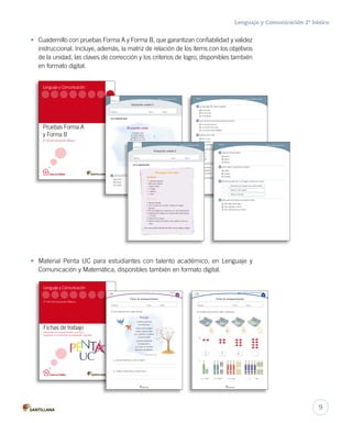 Lenguaje y Comunicación 2º básico 
• Cuadernillo con pruebas Forma A y Forma B, que garantizan confiabilidad y validez 
instruccional. Incluye, además, la matriz de relación de los ítems con los objetivos 
de la unidad, las claves de corrección y los criterios de logro, disponibles también 
en formato digital. 
Forma A Lenguaje y Comunicación 2° básico 
2 ¿En qué lugar NO canta el pajarito? 
A. En la cuna. 
B. En la fuente. 
C. En la laguna. 
3 ¿Qué otro título sería adecuado para el poema? 
A. La canción de cuna. 
B. La canción de la niña. 
C. La canción de las estrellas. 
4 ¿Dónde está la niña? 
A. En la cuna. 
B. En la fuente. 
C. En las estrellas. 
Forma B Lenguaje y Comunicación 2° básico 
Lenguaje y Comunicación 2° básico 
5 ¿Qué sentimiento expresa el poema? 
A. Dolor. 
B. Pena. 
C. Alegría. 
1 ¿Qué tipo de texto leíste? 
A. Cuento. 
B. Noticia. 
C. Receta. 
6 ¿Qué parte del día se anuncia en el poema? 
A. El amanecer. 
B. El atardecer. 
C. El anochecer. 
2 ¿Cómo debe incorporarse la naranja? 
A. Entera. 
B. Rayada. 
C. Cortada. 
7 ¿Cuántas estrofas componen el poema? 
A. 2 
B. 3 
C. 4 
3 Numera los pasos del 1 al 3 según el orden de la receta. 
Espolvorea las rodajas con canela molida. 
Esparce miel a gusto. 
Pela las naranjas. 
4 ¿Para qué sirve el texto que acabas de leer? 
A. Para saber hacer algo. 
B. Para aprender un tema. 
C. Para informarse de un hecho. 
Lenguaje y Comunicación 
Lenguaje y Comunicación 2° básico 
Evaluación unidad 2 
• Material Penta UC para estudiantes con talento académico, en Lenguaje y 
Comunicación y Matemática, disponibles también en formato digital. 
Unidad 1: Números y operaciones hasta el 9 
Ficha de enriquecimiento 
Nombre: Curso: Fecha: 
1. Completa cada secuencia, según corresponda. 
3 6 9 
a. 
b. 
c. 
2 4 6 
1 y 2 son 3 2 y 4 son 6 3 y 6 son y son 
Pruebas Forma A 
y Forma B 
2º año de Educación Básica 
Lenguaje y Comunicación 
2º año de Educación Básica 
Fichas de trabajo 
Actividades de enriquecimiento curricular y 
progresión en el desarrollo de habilidades cognitivas 
Evaluación unidad 1 
Forma A 
Nombre: Curso: Fecha: 
Lee el siguiente texto. 
1 ¿Qué tipo de texto acabas de leer? 
A. Poema. 
B. Receta. 
C. Cuento. 
Evaluación unidad 3 
El pajarito canta 
El pajarito canta 
en la gran laguna. 
Despierta mi niña, 
que estás en la cuna. 
Ficha de enriquecimiento 
Unidad 1 
Nombre: Curso: Fecha: 
3 
1. Lee el siguiente texto y luego responde. 
Paisaje 
La tarde equivocada 
se vistió de frío. 
Detrás de los cristales 
turbios, todos los niños 
ven convertirse en pájaros 
un árbol amarillo. 
La tarde está tendida 
a lo largo del río, 
y un rubor de manzana 
tiembla en los tejadillos. 
Federico García Lorca 
a. ¿Qué tipo de texto es?, ¿cómo lo sabes? 
b. ¿Cuántas estrofas tiene?, ¿cuántos versos? 
Evaluación unidad 1 
Forma B 
Nombre: Curso: Fecha: 
Lee el siguiente texto. 
Naranjas con miel 
Ingredientes 
– 2 naranjas grandes 
– Miel clara y líquida 
– Canela molida 
– 2 frutillas 
– 1 plátano 
– 4 uvas 
Preparación 
1. Pela las naranjas. 
2. Con la ayuda de un adulto, córtalas en rodajas 
gruesas. 
3. Pon las rodajas en un plato liso o en una fuente grande. 
4. Espolvorea las rodajas con canela molida. Deja reposar 
2 minutos. 
5. Esparce miel a gusto. 
6. Adorna el plato con frutillas, uvas y plátano. Lleva a la 
mesa. 
¡Listo, ahora puedes disfrutar este plato con tus amigos y amigas! 
9 
 
