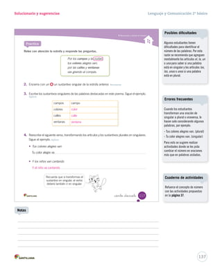 o 
unos. 
unas. 
Gramática 
15-06-12 18:46 
Solucionario y sugerencias Lenguaje y Comunicación 2º básico 
Reconocer y utilizar el género _ciento _quince 
Practica 
Relee con atención la estrofa y responde las preguntas. 
Por los campos y la ciudad, 
tus colores alegres van; 
por las calles y ventanas 
vas girando al compás. 
2. Marca con un los casilleros, según corresponda. Sigue el ejemplo. Reconocer 
Sustantivo 
Género 
Femenino Masculino 
campos 
ciudad 
colores 
calles 
ventanas 
3. Une los sustantivos con el artículo correspondiente. Aplicar 
la ventanas 
unos campos 
unas ciudad 
115 
U3 (92-127).indd 115 15-06-12 18:46 
Posibles dificultades 
Algunos estudiantes tienen 
dificultades para identificar 
el género de las palabras. Por 
esta razón se recomienda que 
agreguen mentalmente los 
artículos la, las, una o unas para 
saber si una palabra es femenina 
y los artículos el, los, un o unos 
si una palabra es masculina; 
aunque hay excepciones, por 
ejemplo, el agua rica. 
Cuaderno de actividades 
Refuerce el concepto de género 
con las actividades propuestas en 
la página 36. 
Solicite a los estudiantes que 
utilicen el Cartón 3, escojan 
el trabalenguas con el grupo 
consonántico pl y clasifiquen los 
sustantivos según su género. 
135 
Material concreto 
Notas 
 