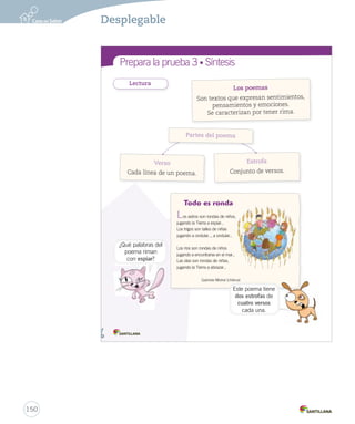¿Qué aprendiste? 
6. Encierra con un las palabras que riman en cada estrofa. 
Tras de la montaña 
el sol se levanta, 
el pájaro alegre 
en la rama canta... 
¿ ? 
¡ ! 
_ciento  intiocho 
—Pronto, pronto, chicos, 
vamos a la escuela, 
ahora son muy niños 
¡pero el tiempo vuela!... 
—Yo, en una farmacia, 
quiero trabajar... 
—Y yo en una finca, 
¡me gusta sembrar! 
7. Completa el texto con los signos de interrogación y los de exclamación, 
según corresponda. 
Qué _quiere _ser _la niña _del _p
 ma 
Quiere _ser _como _su _a ela 
8. Completa este fragmento con los diminutivos de las palabras destacadas. 
Tras de la (montaña) 
el (sol) se levanta, 
el (pájaro) alegre 
en la (rama) canta. 
128 
solcito 
pajarito 
ramita 
montañita 
148 
Páginas 128 y 129 
Ítem 6 
Considere el ítem logrado si 
los estudiantes identificaron 
correctamente la pareja de 
palabras que riman en dos de 
tres estrofas. 
Ítem 7 
Considere el ítem logrado si los 
estudiantes escribieron correcta 
y coherentemente los signos de 
pregunta y exclamación en 
las oraciones. 
Ítem 8 
Considere el ítem logrado si 
los estudiantes escribieron 
correctamente tres de cuatro 
diminutivos en la estrofa. 
 