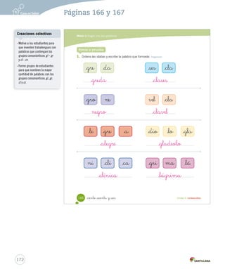 Módulo 
2 
Jugar con las palabras 
Lee y responde 
1. Marca con un el trabalenguas que más te costó pronunciar. 
Aprende 
Practica 
Unidad 4 / Lectoescritura 
Leer y escribir con gl - gr 
Gloria infló muchos globos 
y su arreglo de globos terminó. 
Tantos globos Gloria infló 
que al final se desinfló. 
Gl gl 
Gl _gl _gr 
_ciento _  nta y _cuatro 
Gregorio tiene un grillo 
y una graciosa grulla. 
El grillo le grita a la grulla 
y la grulla le gruñe al grillo. 
Gr gr 
Gr 
2. Relee los trabalenguas y subraya las palabras con gl y gr según la clave. Reconocer 
gl gr 
3. Escribe el nombre de las siguientes imágenes. Comprender 
164 
Lee 1. Marca 2. Escribe Aprende 
Practica 
Relee 3. _grúa _tigre _iglú 
Organización modular 
UNIDAD 4: 
HISTORIAS PARA IMAGINAR 
Módulo 2: Jugar con las palabras 
• Leer y escribir con gl - gr 
• Leer y escribir con cl - cr 
Posibles dificultades 
Es muy probable que algunos 
estudiantes tengan problemas 
para escribir sustantivos propios 
con los grupos consonánticos 
estudiados, ya que no solo tienen 
que identificar y utilizar estos 
grupos, sino también recordar la 
escritura de la letra mayúscula. 
Por ende, ejercite constantemente 
con oraciones o extraiga 
fragmentos para ejemplificar. 
Material concreto 
Ejercite la pronunciación de los 
grupos consonánticos gl y gr con 
el trabalenguas del Cartón 3. 
170 
Páginas 164 y 165 
 