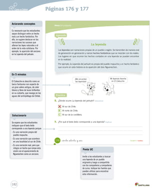 Módulo 3 / La leyenda 
Después de leer 
1. ¿Para qué se reunía el pueblo mapuche bajo los pehuenes? Obtener información 
2. Marca con un quién era Nguenechen. Obtener información 
Un dios creador. 
Un jefe del grupo. 
Un joven mapuche. 
3. De acuerdo con el texto, escribe Sí o No frente a cada afirmación. Integrar e interpretar 
_ciento _setenta y _cuatro 
Afirmación Sí o No 
El jefe de la comunidad envió a Lincomán a buscar alimento. 
La gente se había quedado sin alimento, porque no había pehuenes. 
4. ¿Qué significa la frase subrayada? Integrar e interpretar 
Sí 
No 
Un día regresaba cansado y con las manos vacías cuando encontró a un anciano. 
A Sin ánimo. 
B Sin energía. 
C 
Sin alimento. 
174 Unidad 4 / Lectura 
Solucionario 
Se espera que los estudiantes 
identifiquen esta información 
explícita en el primer párrafo: El 
pueblo mapuche se reunía bajo 
los pehuenes para rezar y colgar 
regalos en sus ramas. 
Escritura libre 
Solicite a los estudiantes que 
imaginen cómo es Nguenechen y 
lo describan detalladamente en su 
cuaderno. 
Expresión oral 
Luego, escoja a algunos 
estudiantes para que lean su 
descripción en voz alta. Observe 
que pronuncien adecuadamente, 
utilicen un volumen audible 
y mantengan una postura 
adecuada. 
180 
Páginas 174 y 175 
 