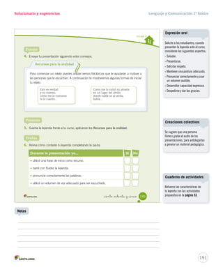 Solucionario y sugerencias Lenguaje y Comunicación 2º básico 
Ponte a prueba 
Lee el texto y responde las preguntas. 
Reconocer y utilizar verbos y tiempos verbales 
Utilizar adecuadamente r, rr y nr 
La cueva del pirata Sir Francis Drake 
El pirata más famoso que llegó a Chile se llamaba Sir Francis Drake. Él, junto con 
otros corsarios, era experto en asaltar barcos que transportaban los tesoros y riquezas 
que eran llevados desde América hacia Europa. 
Cuenta la leyenda que la cueva de este pirata está en el sector costero de Laguna 
Verde, y que fue allí donde, entre quebradas y roqueríos, escondió sus maravillosos 
tesoros. Una de las misteriosas entradas hacia la cueva se abre en la calle Esmeralda, 
en plena ciudad de Valparaíso. 
Los pescadores cuentan que a este lugar es casi imposible entrar, porque allí vive un 
terrible monstruo similar a un chivo que tiene mucha fuerza. Este sale por las noches 
para atrapar a las personas que pasan por ahí, los lleva a su cueva y se encarga de 
volverlos locos. Dicen también que el monstruo tiene encantada a una bella joven y que 
aquel que se atreva a desencantarla deberá enfrentarse al temido animal. 
Consultado en www.chileparaninos.cl el 19 de mayo de 2012. 
1. Subraya cuatro verbos que encuentres en las primeras tres líneas del texto. Reconocer 
2. Escribe el verbo llegar en los siguientes tiempos. Aplicar 
Pasado Presente Futuro 
llegó 
llega llegará 
3. Clasifica las palabras destacadas en el texto. Aplicar 
Sonido r suave Sonido r fuerte 
América riquezas 
misteriosas terrible 
_ciento _ochenta y _tres 
183 
U4 (154-193).indd 183 15-06-12 22:02 
Refuerce estos contenidos con la 
Ficha de refuerzo Nº 2. 
Cuaderno de actividades 
Refuerce el uso de la r, rr y nr con 
las actividades propuestas en la 
página 50. 
189 
Fichas de trabajo 
Notas 
 