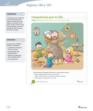 Taller de oralidad 
Cuenta una leyenda 
Planificar el 
discurso. 
Organizar ideas. 
Conducir el discurso. 
Producir el discurso. 
Utilizar aspectos 
paraverbales. 
1. Comenta con tus compañeros y compañeras. 
• ¿Les gustaron las leyendas de esta unidad?, ¿por qué? 
• ¿Les gustaría conocer otras leyendas?, ¿por qué? 
A continuación, elige una leyenda del cartón 4 e investiga sobre ella para que se la cuentes 
a tu curso. 
Prepara 
2. Completa la siguiente ficha. 
Preguntas de oralidad 
• ¿Qué voy a presentar? 
• ¿Para qué lo voy a presentar? 
• ¿Quién me va a escuchar? 
3. Escribe. 
Un leyenda. 
Para que la conozca el curso. 
Profesor, compañeros y compañeras de curso. 
• ¿Qué leyenda vas a contar a tu curso? 
• ¿Dónde buscaste la información? 
Las leyendas nos permiten 
saber más sobre los lugares y 
las tradiciones de nuestro país. 
184 _ciento _ochenta y _cuatro Unidad 4 / Oralidad 
Buscar información 
Guíe a los estudiantes en la 
búsqueda de información sobre 
la leyenda escogida, ya sea en 
la biblioteca o en la sala de 
computación. 
190 
Páginas 184 y 185 
 