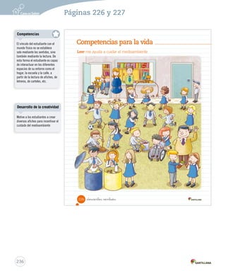 Taller de escritura 
5. Escribe el borrador de tu texto. Guíate por los Recursos para escribir. 
_doscientos  inticuatro 
Escribe como título el 
tema del texto. 
Clasifica el animal. 
Por ejemplo: ¿es un 
vertebrado o un 
invertebrado?, ¿es 
mamífero, ave, pez, 
reptil o anfibio? 
Escribe el hábitat donde 
vive el animal. Por 
ejemplo: la selva, el 
desierto, etc. 
Describe el animal, 
a partir de estos 
subtemas: cubierta 
corporal, estructura 
de desplazamiento, 
alimentación, etc. 
Escribe 
Recursos para escribir 
Respeta las reglas ortográficas 
que aprendiste en la unidad 
y evita las repeticiones 
usando pronombres. 
224 Unidad 5 / Escritura 
Posibles dificultades 
La escritura en carro podría ser 
un problema relevante en este 
nivel. Por esto es recomendable, 
por ejemplo, que el estudiante 
separe las palabras dentro de la 
oración con una línea, cuente el 
número de palabras que tiene la 
oración, individualice las palabras 
en peldaños de una escalera 
dibujada, ubique cada palabra 
en dibujos de los vagones de un 
tren y dé golpes de mano por cada 
palabra copiada o dictada. Es 
conveniente que estas actividades 
de escritura se refuercen a lo largo 
del año. 
234 
Páginas 224 y 225 
 