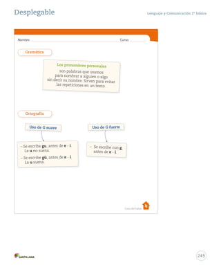 15-06-12 22:06 
Solucionario y sugerencias Lenguaje y Comunicación 2º básico 
Unidad 5 
Busca 
Prepara la 
prueba 5 
güi 
ge 
güe 
¿Cómo te fue? 
Pinta tantos como obtuviste. 
gue 
güe 
gui 
_doscientos _treinta y _tres 
10. Responde las siguientes preguntas. 
• ¿Con qué toman los elefantes su comida? 
• ¿Cuál es el apodo del jaguar? 
• ¿Qué animal asusta con su dentadura? 
11. Completa con estas sílabas que faltan los nombres de estos animales. 
ge gue güi gui güe 
• pin no 
• co 
• zari ya 
• pardo 
• ci ña 
• á la 
233 
U5 (194-233).indd 233 15-06-12 22:06 
Considere el ítem logrado si los 
estudiantes escribieron correcta 
y coherentemente dos respuestas 
de tres que, según el texto, serían: 
“Con la trompa”, “El atleta de la 
selva” y “El cocodrilo”. 
Ítem 11 
Considere el ítem logrado si 
los estudiantes escribieron 
correctamente cuatro de seis 
palabras, utilizando ge, gue, güi, 
gui o güe. 
¿Cómo te fue? 
Cada “casita” indica el nivel 
de logro por ítem. Si alcanzó el 
nivel asignado, indique a los 
estudiantes que pinten la casita 
correspondiente y luego, que 
pinten un rectángulo del camino 
por cada casita lograda. 
243 
Ítem 10 
Remediales 
- Ejercite con las actividades propuestas en la página 65 del Cuaderno 
de actividades. 
- Ejercite con la Ficha de ampliación Nº 2. 
- Ejercite con la Ficha de refuerzo Nº 1. 
- Utilice el desplegable de la unidad 5 (Síntesis y Repaso). 
Evaluación 
Busque las pruebas para evaluar 
la unidad en el Cuadernillo de 
pruebas Forma A y Forma B o en 
el formato digital en el ambiente 
Sala de profesores, ubicado en el 
sitio www.casadelsaber.cl 
 