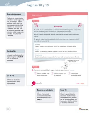 Módulo 1 / El cuento 
6. Numera los hechos del 1 al 3, según el orden en que ocurrieron. Organizar 
3 2 1 
_dieciocho 
El cuento 
El cuento es una narración breve que relata acontecimientos imaginarios. Los cuentos 
buscan entretener y narrar hechos en los que participan personajes. 
Muchos cuentos se organizan según el orden o la secuencia en que ocurrieron los 
hechos. 
El siguiente esquema te ayudará a entender fácilmente el orden o la secuencia del 
cuento La primera de la fila. 
Primero 
Sabrina suspira y hace pucheros, porque no quiere ser la primera de la fila. 
Luego 
Sabrina le cuenta a la profesora que está cansada de ser la primera de la fila. 
Finalmente 
La profesora y los alumnos acuerdan formarse cada semana de manera diferente. 
Sabrina está feliz junto 
a sus compañeros. 
Sabrina conversa con 
su profesora. 
Sabrina hace 
pucheros en la fila. 
Aprende 
Practica 
Para seguir ejercitando 
utiliza el cartón 1. 
18 Unidad 1 / Lectura 
U1 (12-51).indd 18 15-06-12 18:41 
Aclarando conceptos 
El orden de los acontecimientos 
en los textos narrativos, para este 
nivel, es cronológico, es decir, 
ocurren de manera lineal. Las 
marcas que permiten identificar 
este orden son: primero, luego 
y finalmente, entre otras. Una 
vez que tengan adquiridas estas 
marcas, se podrán incorporar los 
conceptos: inicio, desarrollo 
y desenlace. 
Escritura libre 
Invite a los estudiantes a utilizar 
algunas imágenes del Cartón 1 
para que escriban un 
breve relato. 
Uso de TIC 
30 
Cuaderno de actividades 
Refuerce el contenido de 
secuencia narrativa con las 
actividades propuestas en la 
página 8. 
Penta UC 
Ofrezca la oportunidad a los 
estudiantes de seleccionar su 
cuento preferido para compartir 
con sus compañeros. Luego entre 
todos pueden identificar el inicio, 
el desarrollo y el desenlace. 
Solicite a los estudiantes 
que transcriban su relato 
utilizando Word. 
Páginas 18 y 19 
 