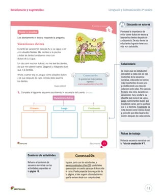 Lectura 
15-06-12 18:41 
Solucionario y sugerencias Lenguaje y Comunicación 2º básico 
Conectad@s 
Si quieres leer más cuentos, 
ingresa a 
www.casadelsaber.cl/len/200 
_diecinue 
Lee atentamente el texto y responde la pregunta. 
Vacaciones dulces 
Durante las vacaciones pasadas fui a La Ligua a ver 
a mi abuelita Natalia. Ella me llevó a la piscina 
y todas las tardes tomábamos once con 
dulces de La Ligua. 
Un día comí muchos dulces y no me lavé los dientes, 
así que me salieron caries. Llegando a Valparaíso tuve 
que ir al dentista. 
Ahora, cuando voy a La Ligua como poquitos dulces 
y sé que después de cada comida debo lavarme 
los dientes. 
Equipo editorial 
1. Completa el siguiente esquema escribiendo la secuencia del cuento. Resumir 
Identifi car la secuencia 
Ponte a prueba 
Vacaciones dulces 
Primero Luego Finalmente 
19 
Educando en valores 
Promueva la importancia de 
evitar comer dulces en exceso y 
lavarse los dientes después de 
cada comida. De esta forma los 
estudiantes lograrán tener una 
vida más saludable. 
Solucionario 
Refuerce secuencia narrativa con 
la Ficha de ampliación Nº 1. 
31 
Fichas de trabajo 
Cuaderno de actividades 
Refuerce el contenido de 
secuencia narrativa con las 
actividades propuestas en 
la página 15. 
Se espera que los estudiantes 
completen la tabla con los tres 
momentos de la secuencia 
narrativa, indicando los hechos 
más importantes de cada uno 
y estableciendo una relación 
coherente entre ellos. Por ejemplo: 
Primero: Una niña, durante sus 
vacaciones, fue a visitar a su 
abuelita que vivía en La Ligua. 
Luego: Comió tantos dulces que 
le salieron caries, por lo que tuvo 
que ir al dentista. Finalmente: La 
niña decidió comer menos dulces 
y aprendió que debe lavarse los 
dientes después de cada comida. 
Conectad@s 
Ingrese, junto con los estudiantes, a 
www.casadelsaber.cl/len/200 y solicíteles 
que escojan un cuento para que lo lean ante 
el curso. Puede proyectar la navegación de 
la página, o bien sugerir a los estudiantes 
que la revisen desde sus computadores. 
 
