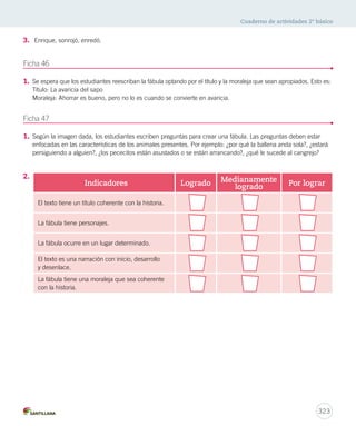 Cuaderno de actividades 2º básico 
321 
2. 
silla muchacho casa libro cabeza 
3. grande: grandote . mesa: mesota - mesón . 
Ficha 43 
1. Las palabras destacadas indican una acción que realizan personas, personajes, animales 
u otros seres en una situación determinada. 
Verbos. 
2. Otros verbos presentes en el texto: llegó, dijo, puedes, dar, comer, devolveré, respondió, hiciste, trabajaba, 
asume, es, descansar, estar. 
sillón 
librazo muchachote 
casona cabezota 
(cualidad–acción-nombre) 
 