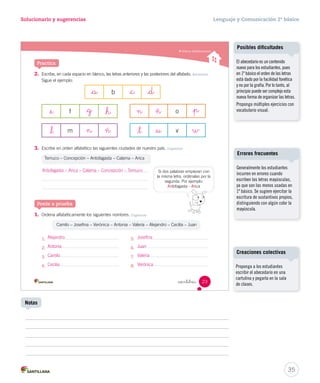 Solucionario y sugerencias Lenguaje y Comunicación 2º básico 
Practica 
Ordenar alfabéticamente 
2. Escribe, en cada espacio en blanco, las letras anteriores y las posteriores del alfabeto. Reconocer 
_e _g _h 
n ñ _p 
_l n ñ _t _u w 
 intitrés 
Sigue el ejemplo: 
_a b _c _d 
f 
m 
o 
v 
3. Escribe en orden alfabético las siguientes ciudades de nuestro país. Organizar 
Temuco – Concepción – Antofagasta – Calama – Arica 
Antofagasta – Arica – Calama – Concepción – Temuco 
Ponte a prueba 
Si dos palabras empiezan con 
la misma letra, ordénalas por la 
segunda. Por ejemplo: 
Antofagasta - Arica 
1. Ordena alfabéticamente los siguientes nombres. Organizar 
Camilo – Josefina – Verónica – Antonia – Valeria – Alejandro – Cecilia – Juan 
Alejandro 
Antonia 
Camilo 
Cecilia 
1. 5. 
2. 6. 
3. 7. 
4. 8. 
23 
Josefina 
Juan 
Valeria 
Verónica 
U1 (12-51).indd 23 15-06-12 18:41 
Posibles dificultades 
El abecedario es un contenido 
nuevo para los estudiantes, pues 
en 1º básico el orden de las letras 
está dado por la facilidad fonética 
y no por la grafía. Por lo tanto, al 
principio puede ser complejo esta 
nueva forma de organizar las letras. 
Proponga múltiples ejercicios con 
vocabulario visual. 
Errores frecuentes 
Generalmente los estudiantes 
incurren en errores cuando 
escriben las letras mayúsculas, 
ya que son las menos usadas en 
1º básico. Se sugiere ejercitar la 
escritura de sustantivos propios, 
distinguiendo con algún color la 
mayúscula. 
35 
Creaciones colectivas 
Proponga a los estudiantes 
escribir el abecedario en una 
cartulina y pegarla en la sala 
de clases. 
Notas 
 