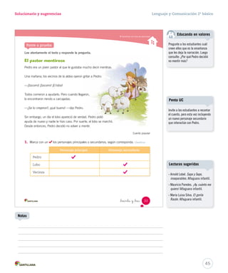 Solucionario y sugerencias Lenguaje y Comunicación 2º básico 
Identifi car los tipos de personajes 
_treinta y _tres 
Ponte a prueba 
Lee atentamente el texto y responde la pregunta. 
El pastor mentiroso 
Pedro era un joven pastor al que le gustaba mucho decir mentiras. 
Una mañana, los vecinos de la aldea oyeron gritar a Pedro: 
—¡Socorro! ¡Socorro! ¡El lobo! 
Todos corrieron a ayudarlo. Pero cuando llegaron, 
lo encontraron riendo a carcajadas. 
—¿Se lo creyeron?, ¡qué bueno! —dijo Pedro. 
Sin embargo, un día el lobo apareció de verdad. Pedro pidió 
ayuda de nuevo y nadie le hizo caso. Por suerte, el lobo se marchó. 
Desde entonces, Pedro decidió no volver a mentir. 
Cuento popular 
1. Marca con un los personajes principales o secundarios, según corresponda. Clasificar 
Personaje principal Personaje secundario 
Pedro 
Lobo 
Vecinos 
33 
U1 (12-51).indd 33 15-06-12 18:42 
Educando en valores 
Pregunte a los estudiantes cuál 
creen ellos que es la enseñanza 
que les deja la narración. Luego 
consulte: ¿Por qué Pedro decidió 
no mentir más? 
Invite a los estudiantes a recontar 
el cuento, pero esta vez incluyendo 
un nuevo personaje secundario 
que interactúe con Pedro. 
45 
Penta UC 
Lecturas sugeridas 
- Arnold Lobel. Sapo y Sepo, 
inseparables. Alfaguara infantil. 
- Mauricio Paredes. ¡Ay, cuánto me 
quiero! Alfaguara infantil. 
- María Luisa Silva. El gorila 
Razán. Alfaguara infantil. 
Notas 
 