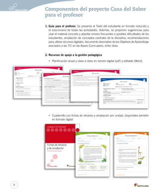Componentes del proyecto Casa del Saber 
para el profesor 
1. Guía para el profesor. Se presenta el Texto del estudiante en formato reducido y 
el solucionario de todas las actividades. Además, se proponen sugerencias para 
usar el material concreto y abordar errores frecuentes o posibles dificultades de los 
estudiantes, ampliación de conceptos centrales de la disciplina, recomendaciones 
para utilizar recursos digitales, documento descriptivo de los Objetivos de Aprendizaje 
asociados a las TIC en las Bases Curriculares, entre otras. 
2. Recursos de apoyo a la gestión pedagógica 
• Planificación anual y clase a clase en versión digital (pdf) y editable (Word). 
o 
a 
s 
a 
a 
n 
e 
f 
c 
t 
a 
• Cuadernillo con fichas de refuerzo y ampliación por unidad, disponibles también 
en formato digital. 
Nombre: Curso: Fecha: 
Algunos animales tienen características curiosas como 
las siguientes: 
1) El animal más alto que existe es la jirafa. Mide 6,60 
metros de altura, algo así como una casa de dos pisos. 
2) El animal más largo es la serpiente pitón. No posee 
dientes venenosos, pero puede matar apretando a su 
víctima. 
3) La rana pigmea es uno de los animales más pequeños 
del mundo. Es tan diminuto que puede caber sentado 
en un cuadrado de tu cuaderno de Matemática. 
Lenguaje y Comunicación 2° básico 
Unidad 5 
Ficha de ampliación N° 1 
Objetivos de aprendizaje 
Comprender e identificar las características de los textos informativos. 
Leer y escribir los grupos consonánticos dr y tl - tr. 
Lee el siguiente texto y responde. 
Equipo editorial 
1. Inventa un título y escríbelo donde corresponda. 
2. ¿Para qué sirve el texto leído? 
Lenguaje y Comunicación 
Fichas de refuerzo 
y de ampliación 
2º año de Educación Básica 
356 
Anexo 7: Ejemplo de Planificación clase a clase 
CURSO: 2º básico CLASE: 1 FECHA: 
SECTOR: Lenguaje y Comunicación EJE: Lectura UNIDAD 1: Historias para contar 
TIEMPO: 90 minutos 
Meta de la clase: Identificar la secuencia y el personaje principal de un cuento. 
Habilidades de lectura 
• Obtener información 
• Integrar e interpretar 
• Reflexionar y valorar 
Habilidades cognitivas 
• Reconocer 
• Parafrasear 
• Interpretar 
s 
Objetivos v 
de Aprendizaje Transversales 
s 
n 
o 
o 
n 
m 
Dimensión cognitiva 
• Identificar, procesar y sintetizar información de diversas fuentes y organizar la 
información relevante acerca de un tópico o problema. 
Exponer ideas, opiniones, convicciones, sentimientos y experiencias de 
manera coherente y fundamentada, haciendo uso de diversas y variadas 
formas de expresión. 
Objetivos de Aprendizaje 
• Comprender cuentos de manera oral y escrita. 
• Identificar la secuencia y los tipos de personajes. 
Contenidos 
Páginas 
iniciales de unidad 
Presentación de la unidad. 
Evaluación inicial: ¿Qué sabes? 
Indicadores de evaluación 
• Identifican características del personaje principal. 
• Extraen información a partir de la lectura. 
• Dibujan correctamente la secuencia de hechos. 
• Identifican y parafrasean la secuencia de hechos. 
ura 
pers 
Objetiv 
Dimens 
Iden 
infffoo 
• Expo 
ma 
fffoorm 
Conten 
Presenta 
a 
Evaluaci 
i 
357 
Lenguaje 2º básico 
Inicio – Motivación (10 minutos) 
– Inicie la sesión presentando y socializando la meta de la clase. 
– Proyecte las páginas 12 y 13 del Texto del estudiante y solicite a los estudiantes que abran sus 
libros y las busquen. Invítelos a observar las 
ilustraciones de la página. Reflexione en torno a estas páginas con preguntas como: ¿ qué personajes observan en la ilustración?, ¿qué 
tienen en común?, ¿dónde se podría desarrollar una historia con estos personajes?, ¿qué podría desarrollarse con ellos?, ¿les 
recuerda algún cuento o historia que conozcan? Converse en torno a las respuestas de niños, invitando a que todos participen en 
forma ordenada y preguntando directamente a aquellos niños que no se integran a esta actividad. Termine la reflexión invitando a 
relacionar las inferencias realizadas con el título de la unidad. 
– Anote en la pizarra las principales propuestas de los estudiantes para construir una historia las imágenes. 
Desarrollo – Actividades (60 minutos) 
– Pida a sus estudiantes que centren su atención en la página 12 del Texto del estudiante el voz alta el cuento “Alí Babá y los cuarenta 
ladrones” que ahí aparece. 
– Terminada la lectura, invítelos a comprobar las hipótesis planteadas, comparándolas con el cuento leído. Puede proponer preguntas como: 
los personajes, ¿eran similares o diferentes a lo que imaginaron?, ¿cuáles fueron las semejanzas las diferencias entre el cuento leído y las 
acciones que anticiparon? 
– Luego, invítelos a reflexionar sobre el cuento leído. Focalice el tema de la conversación planteando las siguientes preguntas: ¿qué ocurrió 
en el cuento?, ¿conocían la historia y la expresión “ábrete, sésamo”?, ¿quiénes eran los personajes de la historia?, ¿dónde ocurría la historia?, 
¿cómo habrá sido Alí si fue capaz de enfrentarse a los ladrones y quitarles su tesoro?, ¿a habrán robado los ladrones? Si bien el 
objetivo de la clase corresponde al eje de lectura, esta actividad oral es una oportunidad reforzar las habilidades de interacción oral, 
como respetar los turnos de habla, mantener el foco de la conversación y expresar ideas opiniones. Se sugiere preparar con antelación 
cartulinas con las preguntas, de manera de ir pegándolas en la pizarra a medida que las haciendo. 
– Invite a responder las preguntas propuestas en la sección ¿Qué sabes?, de la página 13 Texto del estudiante. Al ser esta la primera 
instancia de evaluación del libro, se sugiere ir respondiendo en conjunto una a una las preguntas planteadas y anotar las respuestas en la 
pizarra. 
– Pregunte a los estudiantes cuáles fueron los tres principales momentos del cuento. 
– Una vez identificados los tres momentos, pida a sus estudiantes que dibujen en sus cuadernos lo que sucede en la parte superior de cada dibujo. Mientras trabajan, evalúe y guíe la caligrafía Recursos 
– Texto del 
estudiante: páginas 
12 y 13. 
TIC 
– Texto del 
estudiante, 
formato digital. 
– Computador. 
– Proyector. 
bran perso 
é historia 
los niños 
ta activida 
oria con la 
nte y lea e 
n cuen 
mejanzas y 
plantean 
personaje 
quién le 
d para re 
as u opini 
s vaya hac 
3 del Text 
pregunta 
adernos la a secuencia de los hechos hechos, y que describan 
aligrafía y la ortografía. 
358 
Cierre – Actividades (20 minutos) 
– Invite a sus estudiantes a presentar los dibujos realizados. Para esto, escoja a tres estudiantes del cuento. Finalizada la presentación, pregunte al resto del curso si tienen algún felicitar a los estudiantes que presentaron sus trabajos. 
– Trabaje la identificación del personaje principal con preguntas como: ¿quién es características principales? Guíe la respuesta compartida reflexionando sobre la cuento. 
– Realice la retroalimentación de la clase invitando a sus estudiantes a comentar sobre ¿qué aprendieron en esta clase de Lenguaje?, ¿por qué son importantes los momentos ejemplo en la Caperucita Roja, desapareciera el personaje principal? Finalmente, pregúnteles escrita en el pizarrón) y qué aspectos permitieron lograrla. 
studiantes y solicite que cada uno explique un momento 
aporte que hacer al relato de los compañeros. Recuerde 
el personaje principal?, ¿cómo lo saben?, ¿cuáles son sus 
a importancia de este personaje para el desarrollo del 
re lo aprendido a través de las siguientes preguntas: 
entos en un cuento?, ¿qué pasaría si en un cuento, por 
regúnteles si se alcanzó la meta de la clase (que aún está 
CURSO: Segundo básico CLASE: 1 FECHA: 
SECTOR: Matemática EJE: Números y operaciones UNIDAD 1: Números hasta el 100 
TIEMPO: 90 minutos 
Meta de la clase: Evaluar conocimientos previos a la unidad. 
Habilidades (disciplinares y cognitivas) 
− Identificar 
− Representar 
Objetivos de Aprendizaje Transversales 
− Ser flexible y creativo para encontrar soluciones. 
Objetivos de Aprendizaje 
− Evaluar conocimientos adquiridos en primer año básico en 
relación con números. 
¿Qué sabes? Evaluación inicial 
Indicadores de evaluación 
− Cuenta hasta 20. 
− Compara y ordena números hasta el 20. 
− Comprende el concepto de decena. 
Inicio - Motivación (20 minutos) 
Dé a conocer los objetivos de la unidad 1: Números hasta el 100, que están explicitados en la página 12 del texto del 
estudiante, de manera que los estudiantes tengan claridad acerca de lo que van a aprender y de su aplicación en la vida 
cotidiana. 
Recursos requeridos 
Texto del estudiante: 
páginas 12 y 13. 
Ficha de refuerzo N° 1 
Nombre: Curso: Fecha: 
Objetivos de aprendizaje 
Comprender e identificar las partes de una fábula. 
Leer y escribir los grupos consonánticos gl - gr y cl - cr. 
La gallina de los huevos de oro 
Un buen día, un zorro paseaba por el bosque y se 
encontró con una hermosa gallina. Se la llevó a su casa 
y al poco tiempo descubrió que cada día ponía un huevo 
de oro. El zorro, que era muy ambicioso, pensó que dentro 
del estómago del ave habría mucho oro, así es que no 
dudó en cocinarla. 
Pero grande fue su sorpresa pues no encontró nada. 
Resultó que la gallina era como todas las demás. El zorro, 
por su avaricia, no se dio cuenta del gran regalo que le 
había entregado la Madre Naturaleza. 
“Arriésgate y busca 
sin preocuparte de 
nada más” 
Lenguaje y Comunicación 2° básico 
Unidad 4 
Lee el siguiente texto y responde. 
1. Pinta el recuadro con la moraleja de la fábula. 
Versión Equipo editorial 
“Alégrate con lo que 
tienes y no vayas en 
busca de más” 
“Busca sin descanso 
un tesoro para ser por 
siempre feliz” 
2. ¿Cómo se sintió el zorro al descubrir que la gallina era como todas las demás? 
8 
 