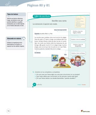 Módulo 4 / Herramientas para escribir 
La coma en la enumeración y 
_  nta y _ocho 
el punto seguido 
Lee y responde 
Pero dejé de lado a mi mejor amiga Florencia, que es bajita y muy delgada igual que yo. 
Tiene el pelo crespo, bien largo y es pelirroja. Siempre anda con un cintillo blanco. ¿Te 
acuerdas de ella? Florencia se quedó tan desilusionada, triste y enojada que ya casi no 
me habla. 
1. Destaca con color las comas y los puntos de este fragmento. 
Aprende 
El punto y la coma 
son signos ortográficos que se utilizan para indicar pausas. 
- El punto (.) marca la pausa al final de una oración o de un texto. 
- La coma (,) separa las palabras de una lista o enumeración. Antes del último 
elemento de una enumeración, se cambia la coma por la y. 
Ejemplo: 
Florencia se quedó tan desilusionada, triste y enojada que ya casi no me habla. 
Practica 
2. Completa el recado con puntos y comas, según corresponda. Aplicar 
Hola hija: 
Dejé sobre la mesa la ensalada de tomate choclo y 
cebolla Haz tus tareas 
Mamá 
78 Unidad 2 / Ortografía 
Aclarando conceptos 
La coma tiene varios usos, pero 
en 2º básico solo se enseña para 
separar los elementos de una 
enumeración. Esto es importante 
aclararlo, ya que si los estudiantes 
observan una coma en un uso que 
no conocen, podrían pensar que 
está utilizada incorrectamente. 
Errores frecuentes 
Los estudiantes a menudo 
olvidan escribir con mayúscula. 
Por esto es importante explicar 
que el punto seguido separa las 
oraciones, es decir, después del 
punto viene otra oración y como 
tal debe comenzar la primera letra 
con mayúscula. 
También podrían escribir con 
mayúscula después de una coma. 
Para remediar esta situación se 
sugiere hacer muchos ejercicios, 
de reconocimiento y uso de la 
coma en enumeraciones. 
Fichas de trabajo 
Utilice la Ficha de ampliación Nº 1 
para ejercitar el uso de la coma en 
la enumeración. 
94 
Páginas 78 y 79 
 