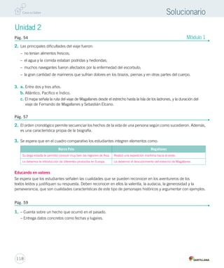 Unidad 2 
Pág. 54 Módulo 1 
Pág. 57 
Pág. 59 
118 
Solucionario 
2. Las principales dificultades del viaje fueron: 
– no tenían alimentos frescos; 
– el agua y la comida estaban podridas y hediondas; 
– muchos navegantes fueron afectados por la enfermedad del escorbuto; 
– la gran cantidad de marineros que sufrían dolores en los brazos, piernas y en otras partes del cuerpo. 
3. a. Entre dos y tres años. 
b. Atlántico, Pacífico e Índico. 
c. El mapa señala la ruta del viaje de Magallanes desde el estrecho hasta la Isla de los ladrones, y la duración del 
viaje de Fernando de Magallanes y Sebastián Elcano. 
2. El orden cronológico permite secuenciar los hechos de la vida de una persona según como sucedieron. Además, 
es una característica propia de la biografía. 
3. Se espera que en el cuadro comparativo los estudiantes integren elementos como: 
Marco Polo Magallanes 
Su larga estadía le permitió conocer muy bien las regiones de Asia. Realizó una expedición marítima hacia el oeste. 
Le debemos la introducción de diferentes productos en Europa. Le debemos el descubrimiento del estrecho de Magallanes. 
Educando en valores 
Se espera que los estudiantes señalen las cualidades que se pueden reconocer en los aventureros de los 
textos leídos y justifiquen su respuesta. Deben reconocer en ellos la valentía, la audacia, la generosidad y la 
perseverancia, que son cualidades características de este tipo de personajes históricos y argumentar con ejemplos. 
1. – Cuenta sobre un hecho que ocurrió en el pasado. 
– Entrega datos concretos como fechas y lugares. 
 