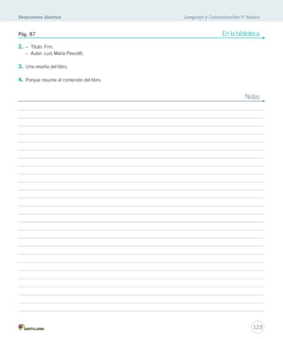 Respuestas abiertas Lenguaje y Comunicación 5º básico 
Pág. 87 En la biblioteca 
123 
2. – Título: Frin. 
– Autor: Luis María Pescetti. 
3. Una reseña del libro. 
4. Porque resume el contenido del libro. 
Notas 
 