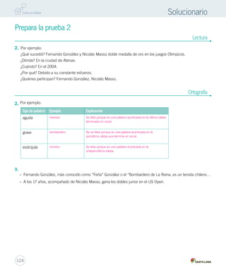 124 
Solucionario 
Prepara la prueba 2 
2. Por ejemplo: 
¿Qué sucedió? Fernando González y Nicolás Massú doble medalla de oro en los juegos Olímpicos. 
¿Dónde? En la ciudad de Atenas. 
¿Cuándo? En el 2004. 
¿Por qué? Debido a su constante esfuerzo. 
¿Quiénes participan? Fernando González, Nicolás Massú. 
Lectura 
2. Por ejemplo: 
Tipo de palabra Ejemplo Explicación 
aguda interesó Se tilda porque es una palabra acentuada en la última sílaba 
terminada en vocal. 
grave bombardero No se tilda porque es una palabra acentuada en la 
penúltima sílaba que termina en vocal. 
esdrújula número Se tilda porque es una palabra acentuada en la 
antepenúltima sílaba. 
Ortografía 
3. 
– Fernando González, más conocido como “Feña” González o el “Bombardero de La Reina, es un tenista chileno… 
– A los 17 años, acompañado de Nicolás Massú, gana los dobles junior en el US Open. 
 