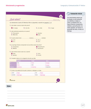 ¿Qué sabes? Evaluación inicial 
Lee atentamente el poema En Montemar Silvia se preguntaba y responde las preguntas 1 a 5. 
1. ¿Qué objeto o persona inspira este poema? 
A. 
Un espejo. B. Una niña. C. Un cristal. D. Un lugar. 
2. ¿Qué sentimiento predomina en el poema? 
A. Preocupación. 
B. Melancolía. 
C. Asombro. 
D. 
Duda. 
3. El poema anterior tiene vveerrssoo((ss)) yy eessttrrooffaa((ss)).. 
A. 1 y 9. 
B. 
9 y 1. 
C. 10 y 1. 
D. 9 y 0. 
4. ¿A qué figura literaria corresponden los dos últimos versos del poema? 
A. Comparación. 
B. Metáfora. 
C. 
Personificación. 
D. Versificación. 
5. ¿Qué nombre recibe el autor de un poema? 
A. 
Poeta. 
B. Narrador. 
C. Lírico. 
D. Escritor. 
6. Completa la tabla con la conjugación del verbo que falta. 
Presente Pasado Futuro 
Él mira 
Yo miré 
Nosotros miraremos 
7. Escribe si las palabras del recuadro contienen un diptongo o un hiato. 
búho raíz 
también tierra 
93 
Evaluación inicial 
127 
Solucionario y sugerencias 
Notas 
Lenguaje y Comunicación 5º básico 
Los conocimientos previos que 
se recogen en esta evaluación 
son identificar el objeto, el 
motivo, el hablante lírico, las 
figuras literarias (comparación, 
metáfora y personificación), los 
verbos regulares, las formas no 
personales del verbo, el hiato y el 
diptongo. 
miro 
miró mirará 
miramos 
hiato 
hiato 
diptongo diptongo 
miramos 
miraré 
 
