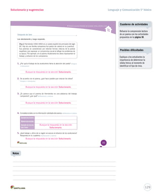 Solucionario y sugerencias Lenguaje y Comunicación 5º básico 
Analizar recursos formales de la poesía: verso, estrofa y rima 
Después de leer 
Lee atentamente y luego responde. 
Miguel Hernández (1910-1942) es un poeta español de principios del siglo 
XX. Hijo de una familia campesina fue pastor de cabras en su juventud. 
Sus poemas se caracterizan por retomar formas clásicas de la poesía 
española y por expresar un compromiso social al reflejar los problemas de 
su época. Por ejemplo, en el poema Aceituneros los AAcceeiittuunneerrooss oolliivvooss rreepprreesseennttaann eell 
trabajo y esfuerzo de los campesinos. 
1. ¿Por qué el trabajo de los aceituneros llama la atención del poeta? Integrar 
e interpretar 
2. De acuerdo con el poema, ¿qué hace posible que crezcan los olivos? 
Integrar e interpretar 
3. ¿Te parece que el poema de Hernández es una alabanza del trabajo 
campesino?, ¿por qué? Reflexionar y valorar 
4. Completa la tabla con la información solicitada del poema. Reflexionar y valorar 
Ejemplo de un verso 
Número de estrofas 
Ejemplo de versos 
que rimen 
Busque la respuesta en la sección 
Solucionario. 
5. ¿Qué trabajo u oficio de tu región se asocia al esfuerzo de los aceituneros? 
Responde en tu cuaderno. Reflexionar y valorar 
95 
Busque la respuesta en la sección Solucionario. 
Busque la respuesta en la sección Solucionario. 
Busque la respuesta en la sección Solucionario. 
Busque la respuesta en la sección Solucionario. 
Cuaderno de actividades 
129 
Notas 
Refuerce la comprensión lectora 
de un poema con las actividades 
propuestas en la página 30. 
Posibles dificultades 
Explique a los estudiantes la 
importancia de determinar la 
sílaba tónica al momento de 
identificar el tipo de rima. 
 