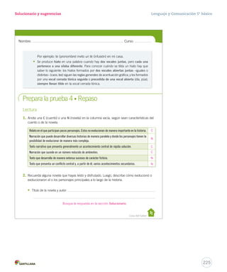 Solucionario y sugerencias 
Nombre: Curso: 
Prepara la prueba 4 • Repaso 
Lectura 
personajes 
acontecimientos 
psicológicamente 
adjetivos 
diferenciar 
Por ejemplo: te (pronombre) invito un té (infusión) en mi casa. 
• Se produce hiato en una palabra cuando hay dos vocales juntas, pero cada una 
pertenece a una sílaba diferente. Para conocer cuándo se tilda un hiato hay que 
saber lo siguiente: los hiatos formados por dos vocales abiertas juntas –iguales o 
distintas– (caos; lee) siguen las reglas generales de acentuación gráfica; y los formados 
por una vocal cerrada tónica seguida o precedida de una vocal abierta (día, púa), 
siempre llevan tilde en la vocal cerrada tónica. 
Lenguaje y Comunicación 5º básico 
1. Anota una C (cuento) o una N (novela) en la columna vacía, según sean características del 
Casa del Saber 
cuento o de la novela. 
Relato en el que participan pocos personajes. Estos no evolucionan de manera importante en la historia. 
Narración que puede desarrollar diversas historias de manera paralela y donde los personajes tienen la 
posibilidad de evolucionar de manera más compleja. 
Texto narrativo que presenta generalmente un acontecimiento central de rápida solución. 
Narración que sucede en un número reducido de ambientes. 
Texto que desarrolla de manera extensa sucesos de carácter ficticio. 
Texto que presenta un conflicto central y, a partir de él, varios acontecimientos secundarios. 
N 
2. Recuerda alguna novela que hayas leído y disfrutado. Luego, describe cómo evolucionó o 
evolucionaron el o los personajes principales a lo largo de la historia. 
• Título de la novela y autor: 
C 
C 
C 
N 
N 
225 
Busque la respuesta en la sección Solucionario. 
 