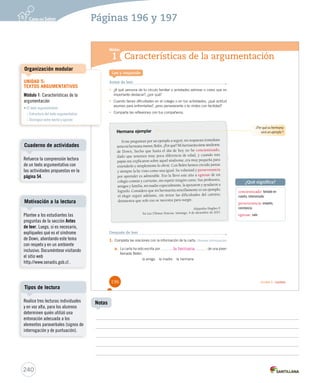 Módulo 
1 
Características de la argumentación 
¿Por qué su hermana 
será un ejemplo ? 
¿Qué significa? 
Unidad 5 / Lectura 
Lee y responde 
Antes de leer 
• ¿A qué persona de tu círculo familiar o amistades admiras o crees que es 
importante destacar?, ¿por qué? 
• Cuando tienes dificultades en el colegio o en tus actividades, ¿qué actitud 
asumes para enfrentarlas?, ¿eres perseverante o te rindes con facilidad? 
• Comparte las reflexiones con tus compañeros. 
concientizado: tomado en 
cuenta, interiorizado. 
perseverancia: empeño, 
constancia. 
egresar: salir. 
Hermana ejemplar 
Si me preguntan por un ejemplo a seguir, mi respuesta inmediata 
sería mi hermana menor, Belén. ¿Por qué? Mi hermanita tiene síndrome 
de Down, hecho que hasta el día de hoy no he concientizado, 
dado que tenemos muy poca diferencia de edad, y cuando mis 
papás me explicaron sobre aquel síndrome, era muy pequeña para 
entenderlo y simplemente lo obvié. Con Belén hemos crecido juntas 
y siempre la he visto como una igual. Su voluntad y perseverancia 
por aprender es admirable. Eso la llevó este año a egresar de un 
colegio común y corriente, sin repetir ningún curso. Sus profesores, 
amigos y familia, mi madre especialmente, la apoyaron y ayudaron a 
lograrlo. Considero que mi hermanita sencillamente es un ejemplo; 
el elegir seg uir adelante, sin mirar las dificultades del camino, 
demuestra que solo eso se necesita para surgir. 
Alejandra Hughes F. 
En L as Últimas Noticias. Santiago, 4 de diciembre de 2011. 
Después de leer 
1. Completa las oraciones con la información de la carta. Obtener información 
la hermana 
a. La carta ha sido escrita por de una joven 
llamada Belén. 
la amiga la madre la hermana 
196 
U5 (194-229).indd 196 26-12-12 13:41 
Organización modular 
Cuaderno de actividades 
Motivación a la lectura 
Tipos de lectura 
240 
Notas 
UNIDAD 5: 
TEXTOS ARGUMENTATIVOS 
Módulo 1: Características de la 
argumentación 
• El texto argumentativo 
– Estructura del texto argumentativo 
– Distinguir entre hecho y opinión 
Páginas 196 y 197 
Refuerce la comprensión lectora 
de un texto argumentativo con 
las actividades propuestas en la 
página 54. 
Plantee a los estudiantes las 
preguntas de la sección Antes 
de leer. Luego, si es necesario, 
explíqueles qué es el síndrome 
de Down, abordando este tema 
con respeto y en un ambiente 
inclusivo. Documéntese visitando 
el sitio web 
http://www.senadis.gob.cl . 
Realice tres lecturas individuales 
y en voz alta, para los alumnos 
determinen quién utilizó una 
entonación adecuada a los 
elementos paraverbales (signos de 
interrogación y de puntuación). 
 