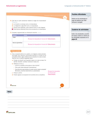 Comprender la estructura y los elementos del afi che 
Solucionario y sugerencias 
8. ¿Qué idea se quiere representar mediante la imagen del rompecabezas? 
Comprender 
A. La inclusión se construye como un rompecabezas. 
B. La integración es algo difícil como un rompecabezas. 
C. Aunque somos diferentes, juntos podemos formar un todo integrado. 
D. 
Todos tenemos diferentes formas como las piezas de un rompecabezas. 
9. Completa la siguiente tabla con información del afiche. Analizar 
Elemento Ejemplo 
Eslogan 
Recursos argumentativos 
Ponte a prueba 
1. Crea un pequeño afiche en tu cuaderno, con imágenes y textos atractivos, 
que tenga como intención comunicativa promover un cambio en tus 
compañeros frente a algún problema que se presente en tu sala de clases. 
Para eso, ten en cuenta los siguientes pasos: 
a. Escoge una situación que te gustaría mejorar en la sala de clases. Por 
ejemplo, desorden, suciedad, conversar en clases, etc. 
b. Reflexiona en torno a: 
• ¿Cuál es tu propósito comunicativo al crear el afiche? 
• ¿Para quién estará destinado? (Características) 
• ¿Qué elementos argumentativos te pueden ayudar a lograr el propósito? 
Nómbralos y describe brevemente sus características. 
c. Produce tu afiche. 
d. Puedes organizar una exposición de los afiches de tus compañeros. 
213 
Busque la respuesta en la sección Solucionario. 
Busque la respuesta en la sección Solucionario. 
Busque la respuesta 
en la sección 
Solucionario. 
Lenguaje y Comunicación 5º básico 
Cuaderno de actividades 
257 
Notas 
Posibles dificultades 
Analice con los estudiantes el 
juego de palabras que Chile 
Inclusivo e Inclúyete. 
Invite a los estudiantes a escribir 
de manera creativa un afiche con 
las actividades propuestas en la 
página 63. 
 