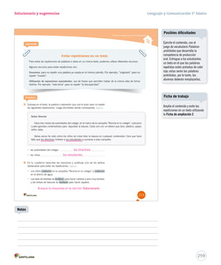 Utilizar recursos para evitar repeticiones Evitar repeticiones en un texto 
Solucionario y sugerencias 
Aprende 
Para evitar las repeticiones de palabras e ideas en un mismo texto, podemos utilizar diferentes recursos. 
Algunos recursos para evitar repeticiones son: 
Sinonimia: para no repetir una palabra ya usada en el mismo párrafo. Por ejemplo, “originado” para no 
repetir “creado”. 
Utilización de expresiones equivalentes: uso de frases que permiten hablar de la misma idea de forma 
distinta. Por ejemplo, “este tema” para no repetir “la discapacidad”. 
Practica 
5. Subraya en el texto, la palabra o expresión que usó el autor para no repetir 
las siguientes expresiones. Luego escríbelas donde corresponda. Aplicar 
Señor Director 
Hace tres meses las autoridades del colegio, en el marco de la campaña “Recicla en tu colegio”, colocaron 
cuatro grandes contenedores para depositar la basura. Cada uno con un letrero que dice: plástico, papel, 
vidrio, latas. 
Varias veces he visto cómo los niños sin mirar tiran la basura en cualquier contenedor. Creo que hace 
falta que los directivos motiven a los estudiantes a sumarse a esta campaña. 
• las autoridades del colegio: 
• los niños: 
6. En tu cuaderno reescribe las oraciones y sustituye uno de los verbos 
destacados para evitar las repeticiones. Aplicar 
• Los niños colaboran en la campaña ‘‘Recicla eenn ttuu ccoolleeggiioo’’’’ yy colaboran 
en el ahorro de agua. 
• Las latas de bebidas se reutilizan para hacer carteras y aros muy bonitos; 
y las bolsas de basuras se reutilizan para hacer zapatos. 
215 
los directivos 
los estudiantes 
Busque la respuesta en la sección Solucionario. 
Lenguaje y Comunicación 5º básico 
259 
Notas 
Posibles dificultades 
Ejercite el contenido, con el 
juego de vocabulario Palabras 
prohibidas que desarrolla la 
competencia de producción 
oral. Entregue a los estudiantes 
un texto en el que las palabras 
repetidas estén pintadas de color 
rojo; estas serán las palabras 
prohibidas, por lo tanto, los 
alumnos deberán remplazarlas. 
Ficha de trabajo 
Amplíe el contenido y evite las 
repeticiones en un texto utilizando 
la Ficha de ampliación 2. 
 