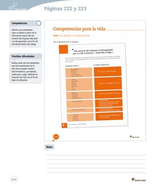 Competencias 
Posibles dificultades 
266 
Páginas 222 y 223 
Notas 
Competencias para la vida 
Leer me ayuda a no discriminar 
Lee el siguiente teexxttoo t texto yy y rreessppoonnddee.. 
responde. 
222 
Solicite a los estudiantes 
crear un díptico a partir de la 
información acerca del uso 
correcto del lenguaje adecuado 
a la discapacidad, con el fin de 
distribuirlo dentro del colegio. 
Analice junto con los estudiantes 
que otras expresiones de la 
vida diaria pueden resultar 
discriminatorias, por ejemplo, 
cuatro ojos. Luego, elaboren en 
conjunto una lista con el fin de 
dejar de utilizarlas. 
 