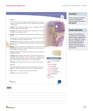 Reconocer y analizar las características de los textos dramáticos 
¿Qué relación tendrá 
la recomendación de 
Elbegasto con el sueño 
de Carlomagno? 
¿Qué significa? 
desconcertado: desorientado, 
perdido. 
consentirlo: permitirlo. 
intimidado: asustado. 
lance: momento inesperado. 
subsistir: seguir viviendo. 
calumnias: acusaciones falsas. 
codicia: afán excesivo de 
riquezas. 
alhajas: joyas. 
Solucionario y sugerencias 
EEEEEEEEEEsssssssssscccccccccceeeeeeeeeennnnnnnnnnaaaaaaaaaa IIIIIIIIIIIIIIIIIIII 
EEss nnoocchhee ddee lluunnaa lllleennaa.. CCaarrlloommaaggnnoo vvaa aattrraavveessaannddoo eell bboossqquuee qquuee rrooddeeaa eell 
cccaaassstttiiillllllooo... DDDeee ppprrrooonnntttooo aaapppaaarrreeeccceee uuunnn hhhooommmbbbrrreee sssooobbbrrreee uuunnn cccaaabbbaaallllllooo bbblllaaannncccooo qqquuueee iiinnnttteeennntttaaa nnnooo 
ser descubierto. 
EEEEEEEEEEEEllllllllllllbbbbbbbbbbbbeeeeeeeeeeeeggggggggggggaaaaaaaaaaaassssssssssssttttttttttttoooooooooooo:::::::::::: (CCoonn vvoozz eennéérrggiiccaa,, cceerrrraannddoo eell ppaassoo aa CCaarrlloommaaggnnoo)).. ¿QQuuiiéénn vvaa?? 
¿AAddóónnddee ttee ddiirriiggeess aa eessttaass hhoorraass?? ¡¡HHaabbllaa!! 
CCCCCCCCCCCCCaaaaaaaaaaaaarrrrrrrrrrrrrlllllllllllllooooooooooooommmmmmmmmmmmmaaaaaaaaaaaaagggggggggggggnnnnnnnnnnnnnooooooooooooo::::::::::::: (SSiinn sseennttiirrssee intimidado)).. ¡¡SSoolloo eell eemmppeerraaddoorr ttiieennee ddeerreecchhoo aa 
iinntteerrrrooggaarrmmee!! ¡¡NNoo rreessppoonnddeerréé aa nnaaddiiee!! 
EEEEEEEEEEEEllllllllllllbbbbbbbbbbbbeeeeeeeeeeeeggggggggggggaaaaaaaaaaaassssssssssssttttttttttttoooooooooooo:::::::::::: ¡¡AAhhoorraa vveerrááss!! ((Desenvainando su espada). ¡¡TTee ppeessaarráá lloo qquuee aaccaabbaass 
de decir! 
SSSiiinnn dddeeesssmmmooonnntttaaarrr dddeee sssuuusss rrreeessspppeeeccctttiiivvvooosss cccaaabbbaaallllllooosss,,, lllooosss dddooosss eeemmmpppiiieeezzzaaannn aaa llluuuccchhhaaarrr... EEEnnn uuunnn 
lllaaannnccceee,,, EEElllbbbeeegggaaassstttooo cccaaaeee aaalll sssuuueeelllooo yyy pppiiieeerrrdddeee sssuuu eeessspppaaadddaaa... 
CCCCCCCCCCCCCaaaaaaaaaaaaarrrrrrrrrrrrrlllllllllllllooooooooooooommmmmmmmmmmmmaaaaaaaaaaaaagggggggggggggnnnnnnnnnnnnnooooooooooooo::::::::::::: (DDeessccaabbaallggaannddoo yy ssuujjeettaannddoo aa ssuu rriivvaall ppoorr llaass mmuuññeeccaass). NNoo vvooyy 
aaa aaacccaaabbbaaarrr cccooonnn tttuuu vvviiidddaaa... TTTeee dddeeejjjaaarrrééé llliiibbbrrreee,,, pppeeerrrooo aaannnttteeesss dddiiimmmeee tttuuu nnnooommmbbbrrreee yyy qqquuuééé eeesss lllooo 
que haces aquí. 
EEEEEEEEEEEEllllllllllllbbbbbbbbbbbbeeeeeeeeeeeeggggggggggggaaaaaaaaaaaassssssssssssttttttttttttoooooooooooo:::::::::::: (DDeessddee eell ssuueelloo). MMee llllaammoo EEllbbeeggaassttoo.. HHaaccee uunn ttiieemmppoo,, ppoorr ccuullppaa 
dddeee uuunnn tttrrraaaiiidddooorrr,,, eeelll eeemmmpppeeerrraaadddooorrr mmmeee dddeeesssttteeerrrrrróóó... DDDeeesssdddeee eeennntttooonnnccceeesss,,, eeessstttoooyyy eeessscccooonnndddiiidddooo yyy 
mmee vveeoo oobblliiggaaddoo aa rroobbaarr ppaarraa subsistir. 
CCCCCCCCCCCCCaaaaaaaaaaaaarrrrrrrrrrrrrlllllllllllllooooooooooooommmmmmmmmmmmmaaaaaaaaaaaaagggggggggggggnnnnnnnnnnnnnooooooooooooo::::::::::::: (SSoollttáánnddoolloo). Bien. Me servirás de gran ayuda. Quiero robar en el 
ccaassttiilllloo ddeell eemmppeerraaddoorr.. 
EEEEEEEEEEEEllllllllllllbbbbbbbbbbbbeeeeeeeeeeeeggggggggggggaaaaaaaaaaaassssssssssssttttttttttttoooooooooooo:::::::::::: (IInntteerrrruummppiiéénnddoolloo). ¡Jamás haré una cosa así! ¡Nunca traicionaré a 
CCaarrlloommaaggnnoo!! MMuucchhooss lleevvaannttaarroonn calumnias contra mí y él me desterró. Pero 
eessttooyy sseegguurroo ddee qquuee ppooddrréé lliimmppiiaarr mmii hhoonnoorr.. TTee pprrooppoonnggoo iirr aall ccaassttiilllloo ddeell ccoonnddee 
EEggeerriiccoo.. ÉÉll hhaa aarrrruuiinnaaddoo aa mmuucchhaa ggeennttee:: ssuu codicia no tiene límites. 
CCCCCCCCCCCCCaaaaaaaaaaaaarrrrrrrrrrrrrlllllllllllllooooooooooooommmmmmmmmmmmmaaaaaaaaaaaaagggggggggggggnnnnnnnnnnnnnooooooooooooo::::::::::::: (Con expresión de sorpresa). Bueno, ¡vayamos allí entonces! 
EEEEEEEEEEEEsssssssssssscccccccccccceeeeeeeeeeeennnnnnnnnnnnaaaaaaaaaaaa IIIIIIIIIIIIIIIIIIIIIIIIIIIIIIIIIIII 
Carlomagno y Elbegasto escalan el muro del castillo de Egerico, entran en una 
habitación y roban unas alhajas. Oyen pasos y se ocultan tras las cortinas. 
CCCCCCCCoooooooonnnnnnnnddddddddeeeeeeee:::::::: (Llega con su esposa). ¡No puedo dormir! ¡No puedo! 
CCCCCCCCCCoooooooooonnnnnnnnnnddddddddddeeeeeeeeeessssssssssaaaaaaaaaa:::::::::: Cuéntame lo que te preocupa. 
233 
Lenguaje y Comunicación 5º básico 
289 
Notas 
Vocabulario 
Realice un juego de vocabulario, 
en el que se transformen en 
verbos las palabras del recuadro 
¿Qué significa? 
Posibles dificultades 
Explique a los estudiantes que 
las acotaciones al inicio de cada 
escena permiten contextualizar la 
obra y no se deben leer al actuar. 
Asimismo, recuérdeles que las 
obras dramáticas no tienen un 
narrador, pues la obra se da a 
conocer por medio del diálogo de 
los personajes. 
 