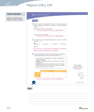 Páginas 238 y 239 
Módulo 1 / Los textos dramáticos 
Practica 
8. Escribe un ejemplo de acotación que se refiera a la escenografía y otra 
donde se indique una actitud de un personaje de la obra El emperador 
bandido. Comprender 
Acotación que se refiere a la escenografía: 
Busque la respuesta en la sección Solucionario. 
Acotación que indica una actitud: 
Busque la respuesta en la sección Solucionario. 
9. ¿En qué escena de El emperador bandido se da EEll eemmppeerraaddoorr bbaannddiiddoo aa ccoonnoocceerr eell ccoonnfflliiccttoo 
dramático? Analizar 
Escena I Escena II Escena III Escena IV 
Porque gracias a las palabras del espectro el emperador 
salió de su palacio y descubrió a los traidores. 
10. En el siguiente diálogo, ¿cuáles son las características del lenguaje no 
verbal y paraverbal que los personajes deben adoptar? Analizar 
(Al poco tiempo, entra Elbegasto en el salón. El emperador se 
levanta para recibirlo). 
EEEEEEEEEEEEllllllllllllbbbbbbbbbbbbeeeeeeeeeeeeggggggggggggaaaaaaaaaaaassssssssssssttttttttttttoooooooooooo:::::::::::: (Estupefacto). Así que... ¡Erais vos! ¡No os reconocí 
con esas ropas! 
CCCCCCCCCCCCCaaaaaaaaaaaaarrrrrrrrrrrrrlllllllllllllooooooooooooommmmmmmmmmmmmaaaaaaaaaaaaagggggggggggggnnnnnnnnnnnnnooooooooooooo::::::::::::: (Abrazándolo y dirigiéndose a todos los presentes). 
Gracias a él estoy vivo. ¡No sé cómo pude dudar de su lealtad! 
Desde hoy serás uno de mis consejeros. 
Lenguaje no verbal Lenguaje paraverbal 
¿Por qué? 
Carlomagno 
Elbegasto 
Busca el cartón 6 y 
analiza el lenguaje 
paraverbal y no verbal de 
los personajes. 
Busque la respuesta en la sección Solucionario. 
238 Unidad 6 / Lectura 
Posibles dificultades 
294 
Notas 
Refuerce la distinción entre el 
lenguaje no verbal y paraverbal. 
 