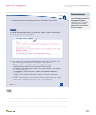 Unidad 6 
Solucionario y sugerencias 
• ¿Qué utilidad tienen los elementos destacados en el texto para quienes hagan la puesta en escena? 
Plani ca 
En este taller te proponemos llevar a escena una obra de teatro. Para esto, considera los siguientes pasos. 
1. Antes de comenzar, completa la siguiente ficha: 
Preguntas para la oralidad 
• ¿Qué vas a representar? 
• ¿Quiénes te van a ver y escuchar? 
• ¿Para qué lo vas a representar? 
2. Formen grupos de seis a ocho estudiantes y escojan una obra dramática, de las que aparecen en el libro, 
que les gustaría representar. Una vez elegida la obra, planifiquen su puesta en escena: 
• Definan, de acuerdo con sus preferencias, las tareas de cada integrante del grupo: 
Los actores. Son los encargados de dar vida a los personajes creados por el autor. 
El vestuario. Es el conjunto de trajes que se adaptan a las características de la obra y de los personajes 
para una representación teatral. 
La escenografía. Es la decoración del escenario, destinada a crear el ambiente apropiado para la 
representación. 
La utilería. Son todos los objetos (muebles, adornos, vajillas, etc.) que usan los actores durante la 
representación. 
El director. Es el responsable de la puesta en escena. Él dirige los movimientos de los actores, orienta su 
actuación, decide la escenografía, etc. Otros elementos son la iluminación y el sonido. 
257 
La obra dramática (nombre) seleccionada por el grupo para ser dramatizada. 
El público de la obra serán mis compañeros de curso, familiares (si se les invita), 
profesores, etcétera. 
Para aprender a llevar al teatro una obra dramática, etcétera. 
Lenguaje y Comunicación 5º básico 
313 
Notas 
Posibles dificultades 
Utilice esta instancia para reforzar 
la autonomía y el trabajo en 
equipo. Promueva la autoestima 
a partir del reconocimiento de 
potencialidades y de debilidades 
al repartir los papeles. 
 