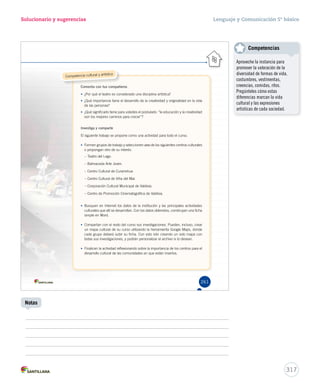 Solucionario y sugerencias 
Competencia cultural y artística 
Comenta con tus compañeros 
• ¿Por qué el teatro es considerado una disciplina artística? 
• ¿Qué importancia tiene el desarrollo de la creatividad y originalidad en la vida 
de las personas? 
• ¿Qué significado tiene para ustedes el postulado: “la educación y la creatividad 
son los mejores caminos para crecer”? 
Investiga y comparte 
El siguiente trabajo se propone como una actividad para todo el curso. 
• Formen grupos de trabajo y seleccionen uno de los siguientes centros culturales 
o propongan otro de su interés: 
– Teatro del Lago. 
– Balmaceda Arte Joven. 
– Centro Cultural de Curarrehue. 
– Centro Cultural de Viña del Mar. 
– Corporación Cultural Municipal de Valdivia. 
– Centro de Promoción Cinematográfica de Valdivia. 
• Busquen en Internet los datos de la institución y las principales actividades 
culturales que allí se desarrollan. Con los datos obtenidos, construyan una ficha 
simple en Word. 
• Compartan con el resto del curso sus investigaciones. Pueden, incluso, crear 
un mapa cultural de su curso utilizando la herramienta Google Maps, donde 
cada grupo deberá subir su ficha. Con esto irán creando un solo mapa con 
todas sus investigaciones, y podrán personalizar el archivo si lo desean. 
• Finalicen la actividad reflexionando sobre la importancia de los centros para el 
desarrollo cultural de las comunidades en que están insertos. 
261 
Lenguaje y Comunicación 5º básico 
317 
Notas 
Competencias 
Aproveche la instancia para 
promover la valoración de la 
diversidad de formas de vida, 
costumbres, vestimentas, 
creencias, comidas, ritos. 
Pregúnteles cómo estas 
diferencias marcan la vida 
cultural y las expresiones 
artísticas de cada sociedad. 
 