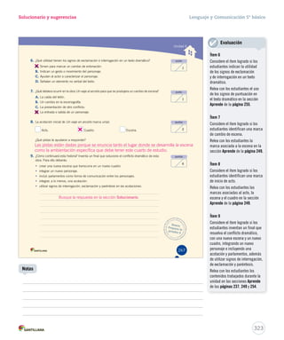 Solucionario y sugerencias 
6. ¿Qué utilidad tienen los signos de exclamación e interrogación en un texto dramático? 
A. 
Sirven para marcar un cambio de entonación. 
B. Indican un gesto o movimiento del personaje. 
C. Ayudan al actor a caracterizar el personaje. 
D. Señalan un elemento no verbal del texto. 
7. ¿Qué debiera ocurrir en la obra Un viaje al arcoíris para que se produjera UUnn vviiaajjee aall aarrccooíírriiss uunn ccaammbbiioo ddee eesscceennaa?? 
A. La caída del telón. 
B. Un cambio en la escenografía. 
C. La presentación de otro conflicto. 
D. 
La entrada o salida de un personaje. 
8. La acotación inicial de UUUnnn vvviiiaaajjjeee eeennn aaarrrcccoooííírrriiisss mmaarrccaa uunn((aa)):: 
Acto. Cuadro. Escena. 
¿Qué pistas te ayudaron a responder? 
Lenguaje y Comunicación 5º básico 
Las pistas están dadas porque se enuncia tanto el lugar donde se desarrolla la escena 
como la ambientación específica que debe tener este cuarto de estudio. 
9. ¿Cómo continuará esta historia? Inventa un final que solucione el conflicto dramático de esta 
obra. Para ello deberás: 
• crear una nueva escena que transcurra en un nuevo cuadro. 
• integrar un nuevo personaje. 
• incluir parlamentos como forma de comunicación entre los personajes. 
• integrar, a lo menos, una acotación. 
• utilizar signos de interrogación, exclamación y paréntesis en las acotaciones. 
Unidad 6 
punto 
1 
puntos 
6 
punto 
1 
puntos 
2 
Busca 
Prepara la 
prueba 6 
267 
Busque la respuesta en la sección Solucionario. 
323 
Notas 
Evaluación 
Ítem 6 
Considere el ítem logrado si los 
estudiantes indican la utilidad 
de los signos de exclamación 
y de interrogación en un texto 
dramático. 
Relea con los estudiantes el uso 
de los signos de puntuación en 
el texto dramático en la sección 
Aprende de la página 255. 
Ítem 7 
Considere el ítem logrado si los 
estudiantes identifican una marca 
de cambio de escena. 
Relea con los estudiantes la 
marca asociada a la escena en la 
sección Aprende de la página 249. 
Ítem 8 
Considere el ítem logrado si los 
estudiantes identifican una marca 
de inicio de acto. 
Relea con los estudiantes las 
marcas asociadas al acto, la 
escena y el cuadro en la sección 
Aprende de la página 249. 
Ítem 9 
Considere el ítem logrado si los 
estudiantes inventan un final que 
resuelva el conflicto dramático, 
con una nueva escena y un nuevo 
cuadro, integrando un nuevo 
personaje e incluyendo una 
acotación y parlamentos, además 
de utilizar signos de interrogación, 
de exclamación y paréntesis. 
Relea con los estudiantes los 
contenidos trabajados durante la 
unidad en las secciones Aprende 
de las páginas 237, 249 y 254. 
 