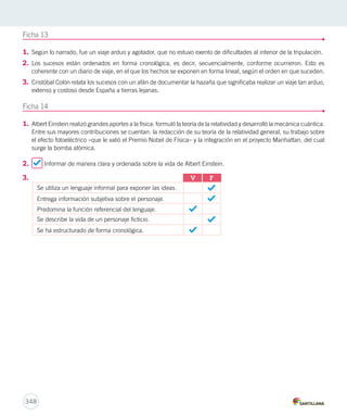 Ficha 13 
1. Según lo narrado, fue un viaje arduo y agotador, que no estuvo exento de dificultades al interior de la tripulación. 
2. Los sucesos están ordenados en forma cronológica, es decir, secuencialmente, conforme ocurrieron. Esto es 
coherente con un diario de viaje, en el que los hechos se exponen en forma lineal, según el orden en que suceden. 
3. Cristóbal Colón relata los sucesos con un afán de documentar la hazaña que significaba realizar un viaje tan arduo, 
extenso y costoso desde España a tierras lejanas. 
Ficha 14 
1. Albert Einstein realizó grandes aportes a la física: formuló la teoría de la relatividad y desarrolló la mecánica cuántica. 
Entre sus mayores contribuciones se cuentan: la redacción de su teoría de la relatividad general, su trabajo sobre 
el efecto fotoeléctrico –que le valió el Premio Nobel de Física– y la integración en el proyecto Manhattan, del cual 
surge la bomba atómica. 
2. Informar de manera clara y ordenada sobre la vida de Albert Einstein. 
3. V F 
348 
Se utiliza un lenguaje informal para exponer las ideas. 
Entrega información subjetiva sobre el personaje. 
Predomina la función referencial del lenguaje. 
Se describe la vida de un personaje ficticio. 
Se ha estructurado de forma cronológica. 
 