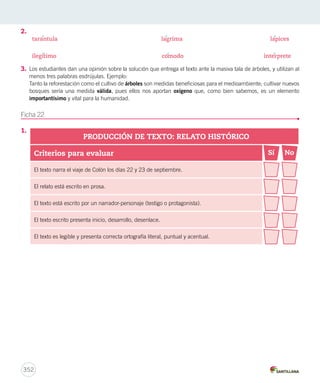 2. 
tarantula lagrima lapices 
ilegitimo comodo interprete 
3. Los estudiantes dan una opinión sobre la solución que entrega el texto ante la masiva tala de árboles, y utilizan al 
menos tres palabras esdrújulas. Ejemplo: 
Tanto la reforestación como el cultivo de árboles son medidas beneficiosas para el medioambiente; cultivar nuevos 
bosques sería una medida válida, pues ellos nos aportan oxígeno que, como bien sabemos, es un elemento 
importantísimo y vital para la humanidad. 
Ficha 22 
1. 
352 
PRODUCCIÓN DE TEXTO: RELATO HISTÓRICO 
Criterios para evaluar 
El texto narra el viaje de Colón los días 22 y 23 de septiembre. 
El relato está escrito en prosa. 
El texto está escrito por un narrador-personaje (testigo o protagonista). 
El texto escrito presenta inicio, desarrollo, desenlace. 
El texto es legible y presenta correcta ortografía literal, puntual y acentual. 
Sí No 
 