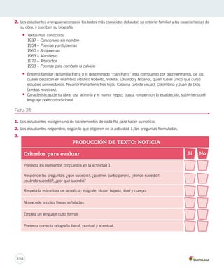 2. Los estudiantes averiguan acerca de los textos más conocidos del autor, su entorno familiar y las características de 
su obra, y escriben su biografía. 
• Textos más conocidos: 
1937 – Cancionero sin nombre 
1954 – Poemas y antipoemas 
1960 – Antipoemas 
1963 – Manifiesto 
1972 – Artefactos 
1993 – Poemas para combatir la calvicie 
• Entorno familiar: la familia Parra o el denominado “clan Parra” está compuesto por diez hermanos, de los 
cuales destacan en el ámbito artístico Roberto, Violeta, Eduardo y Nicanor, quien fue el único que cursó 
estudios universitarios. Nicanor Parra tiene tres hijos: Catalina (artista visual), Colombina y Juan de Dios 
(ambos músicos). 
• Características de su obra: usa la ironía y el humor negro; busca romper con lo establecido, subvirtiendo el 
354 
lenguaje poético tradicional. 
Ficha 24 
1. Los estudiantes escogen uno de los elementos de cada fila para hacer su noticia. 
2. Los estudiantes responden, según lo que eligieron en la actividad 1, las preguntas formuladas. 
3. 
PRODUCCIÓN DE TEXTO: NOTICIA 
Criterios para evaluar 
Presenta los elementos propuestos en la actividad 1. 
Responde las preguntas: ¿qué sucedió?, ¿quiénes participaron?, ¿dónde sucedió?, 
¿cuándo sucedió?, ¿por qué sucedió? 
Respeta la estructura de la noticia: epígrafe, titular, bajada, lead y cuerpo. 
No excede las diez líneas señaladas. 
Emplea un lenguaje culto formal. 
Presenta correcta ortografía literal, puntual y acentual. 
Sí No 
 