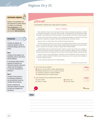 Páginas 24 y 25 
¿Cómo vas? 
Lee atentamente el siguiente texto y luego responde las preguntas. 
Perseo y Medusa 
Hace muchísimo tiempo vivían en la región del monte Atlas unas hermanas espantosas, conocidas 
con el nombre de Gorgonas. Una de ellas –la más terrible– se llamaba Medusa. Tenía serpientes en lugar 
de cabellos y todo aquel que la mirara directamente a los ojos quedaba convertido en estatua de piedra. 
Durante años, muchos héroes valientes y bien armados habían llegado a la región del monte Atlas 
para destruir a Medusa sin resultado: todos fueron petrificados por la horrible criatura. 
Hasta que una vez, Perseo, hijo de Zeus, recibió el encargo de destruirla. 
Para llevar adelante la hazaña, el joven contó con las sandalias del dios Hermes, con las cuales podía 
volar, y con la capa de Hades, que lo volvía invisible. También llevaba una espada y un escudo de bronce, 
tan liso y pulido como un espejo. Así llegó a la región donde habitaba Medusa. 
Cuando Medusa advirtió la presencia del joven comenzó a moverse de un lado a otro, agitada. Le 
gritaba cosas espantosas, mientras las culebras de su cabeza se agitaban y silbaban con furia. Sin embargo, 
por más esfuerzos que hizo, no logró que Perseo la mirara a la cara. Agotada, Medusa se quedó dormida. 
Entonces, Perseo se acercó sigilosamente y aproximó al rostro de Medusa el escudo de bronce. De 
esta manera, cuando el horrible ser abrió los ojos, lo primero que vio fue su propio rostro reflejado en 
el escudo y quedó petrificado. 
Así fue como Perseo pudo dar fin a la temida Medusa. 
Mito griego. Versión equipo editorial 
1. ¿Cómo derrotó Perseo a Medusa? 
A. 
Usando su escudo, reflejó su imagen y logró petrificarla. 
B. Mirándola directamente a la cara, la petrificó al instante. 
C. Enterrando su espada en la cabeza de Medusa. 
D. Engañándola para que se quedara dormida. 
2. ¿Qué propiedad tienen las sandalias del dios Hermes? 
A. Hacen invisible. 
B. Parecen un espejo. 
C. 
Permiten volar. 
D. Dan valor y fuerza. 
punto 
1 
punto 
1 
24 
U1 (12-49).indd 24 15-06-12 17:51 
36 
Notas 
Actividades digitales 
Explique a los estudiantes que 
esta evaluación la pueden realizar 
en el texto o en el sitio web 
www.casadelsaber.cl, en la 
sección Editor de evaluaciones 
del ambiente Sala de profesores. 
Evaluación 
Considere los objetivos de 
evaluación logrados cuando el 
estudiante obtenga más de cinco 
puntos. 
Ítem 1 
Considere el ítem logrado si los 
estudiantes indican cómo Perseo 
derrotó a Medusa. 
Se recomienda realizar nuevas 
preguntas de obtención de 
información explícita, tales como 
¿dónde vivían las Gorgonas? 
o ¿cómo eran físicamente las 
hermanas? 
Ítem 2 
Considere el ítem logrado si 
los estudiantes determinan 
qué características tienen las 
sandalias del dios Hermes. 
Ejercite la obtención de 
información explícita revisando 
los datos que subrayaron los 
estudiantes. 
 