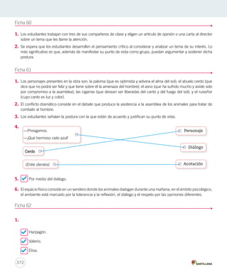 Ficha 60 
1. Los estudiantes trabajan con tres de sus compañeros de clase y eligen un artículo de opinión o una carta al director 
sobre un tema que les llame la atención. 
2. Se espera que los estudiantes desarrollen el pensamiento crítico al considerar y analizar un tema de su interés. Lo 
más significativo es que, además de manifestar su punto de vista como grupo, puedan argumentar y sostener dicha 
postura. 
Ficha 61 
1. Los personajes presentes en la obra son: la paloma (que es optimista y adivina el alma del sol); el abuelo cerdo (que 
dice que no podrá ser feliz y que tiene sobre él la amenaza del hombre); el asno (que ha sufrido mucho y asiste solo 
por compromiso a la asamblea); las cigarras (que desean ser liberadas del canto y del fuego del sol); y el ruiseñor 
(cuyo canto es luz y color). 
2. El conflicto dramático consiste en el debate que produce la asistencia a la asamblea de los animales para tratar de 
combatir al hombre. 
3. Los estudiantes señalan la postura con la que están de acuerdo y justifican su punto de vista. 
4. 
—Prosigamos. 
—¡Qué hermoso cielo azul! 
5. Por medio del diálogo. 
6. El espacio físico consiste en un sendero donde los animales dialogan durante una mañana; en el ámbito psicológico, 
el ambiente está marcado por la tolerancia y la reflexión, el diálogo y el respeto por las opiniones diferentes. 
Ficha 62 
1. 
372 
Cerdo 
Personaje 
Diálogo 
(Entre dientes). Acotación 
Harpagón. 
Valerio. 
Elisa. 
 