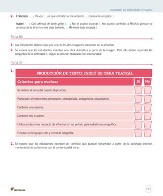 Cuaderno de actividades 5º básico 
Isabel : ( Casi afónica de tanto gritar ) . ¡ No te puedo esperar ! No puedo controlar a Micifús porque se 
arranca de la tina y no me deja bañarlo. ¡ Me tiene toda mojada ! 
375 
2. 
Francisco : ¡ Ya voy ! , es que el Boby se me arrancó. ¡ Espérame un poco ! 
Ficha 66 
1. Los estudiantes deben optar por una de las dos imágenes presentes en la actividad. 
2. Se espera que los estudiantes inventen una obra dramática a partir de la imagen. Para ello deben reponder las 
preguntas de la actividad 2, según la elección realizada con anterioridad. 
Ficha 67 
1. 
PRODUCCIÓN DE TEXTO: INICIO DE OBRA TEATRAL 
Criterios para evaluar 
Se refiere al tema del cuento Bajo techo. 
Participan al menos tres personajes (protagonista, antagonista, secundario). 
Contiene una escena. 
Contiene dos cuadros. 
Utiliza acotaciones respecto de información no verbal, paraverbal y escenográfica. 
Emplea un lenguaje culto y correcta ortografía. 
2. Se espera que los estudiantes escriban un conflicto que puedan desarrollar a partir de la actividad anterior, 
manteniendo la coherencia con el contenido del inicio. 
Sí No 
 