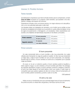 384 
Anexo 3: Fluidez lectora 
Textos karaoke 
Considerando la importancia que tiene la fluidez lectora para la comprensión, la Serie 
Casa del Saber incorporó en su proyecto cuatro karaokes, que ayudarán a los estu-diantes 
a trabajar este aspecto de la lectura. 
Entendemos la fluidez como una lectura precisa, sin mayor esfuerzo en la decodifica-ción 
y con una velocidad adecuada a cada nivel. 
Los karaokes deben ser trabajados por semestre, y en el orden que se señala, ya que 
el nivel de complejidad de los textos va en aumento en cuanto al tipo de sílabas, el uso 
de signos de exclamación e interrogación y el vocabulario. Estas características son 
acordes a los Objetivos de Aprendizaje propuestos en las Bases curriculares. 
Primer semestre 
El burro presumido 150 palabras 
El zorro y las uvas 150 palabras 
Segundo semestre 
El caleuche 150 palabras 
Las cabras testarudas 150 palabras 
Primer semestre 
El burro presumido 
Un viejo comerciante tenía un burro humilde y otro muy presumido, los cuales 
utilizaba para transportar la carga de pueblo en pueblo. Un día, tuvo que emprender 
un largo viaje y cargó al burro humilde con sal y al burro presumido, con esponjas. 
Durante todo el camino, el burro vanidoso se burló de su compañero por la pesada 
carga que llevaba. 
Al cruzar un río por un estrecho puente, el burro vanidoso perdió el equilibrio y 
todos cayeron al agua. La sal se deshizo y el burro humilde pudo flotar. Sin embargo, 
las esponjas absorbieron el agua y el burro vanidoso comenzó a ahogarse. Entonces, 
el burro que había llevado la sal sintió lástima, tomó una cuerda, y nadó hasta su 
compañero para que pudiera sujetarse de ella con la boca. Entre el comerciante y el 
burro humilde pudieron arrastrarlo y ponerlo a salvo en la orilla. 
(150 palabras) 
El zorro y las uvas 
Había una vez un hambriento zorro que caminaba largas horas en busca de alimento. 
De pronto encontró un viñedo lleno de grandes y hermosos racimos de uvas. 
 