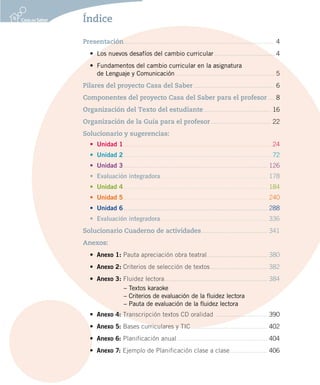 Índice 
Presentación ..................................................................................... 4 
• Los nuevos desafíos del cambio curricular .................................. 4 
• Fundamentos del cambio curricular en la asignatura 
de Lenguaje y Comunicación ........................................................ 5 
Pilares del proyecto Casa del Saber .............................................. 6 
Componentes del proyecto Casa del Saber para el profesor .... 8 
Organización del Texto del estudiante ...................................... 16 
Organización de la Guía para el profesor .................................. 22 
Solucionario y sugerencias: 
• Unidad 1 ................................................................................... 24 
• Unidad 2 ................................................................................... 72 
• Unidad 3 ................................................................................. 126 
• Evaluación integradora ............................................................ 178 
• Unidad 4 ................................................................................. 184 
• Unidad 5 ................................................................................. 240 
• Unidad 6 ................................................................................. 288 
• Evaluación integradora ............................................................ 336 
Solucionario Cuaderno de actividades ..................................... 341 
Anexos: 
• Anexo 1: Pauta apreciación obra teatral .................................. 380 
• Anexo 2: Criterios de selección de textos ................................ 382 
• Anexo 3: Fluidez lectora .......................................................... 384 
– Textos karaoke 
– Criterios de evaluación de la fluidez lectora 
– Pauta de evaluación de la fluidez lectora 
• Anexo 4: Transcripción textos CD oralidad ............................. 390 
• Anexo 5: Bases curriculares y TIC ........................................... 402 
• Anexo 6: Planificación anual ................................................... 404 
• Anexo 7: Ejemplo de Planificación clase a clase ..................... 406 
 