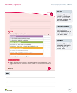 Solucionario y sugerencias Lenguaje y Comunicación 5º básico 
53 
Notas 
Unidad 1 
Evalúa 
5. Utiliza la siguiente tabla para revisar tu fábula. 
Estructura textual 
1. El texto presenta una secuencia narrativa completa. 
2. El texto incorpora diálogo entre los personajes. 
Coherencia / desarrollo de ideas 
3. La moraleja tiene relación con las acciones de la fábula. 
4. La descripción ayuda a recrear el ambiente o caracterizar a los personajes. 
Adecuación a la situación comunicativa 
5. El vocabulario es adecuado a los destinatarios. 
6. La fábula cumple con el propósito de entretener y enseñar. 
Convenciones de lengua 
7. El texto cumple con las convenciones ortográficas. 
Reescribe y comparte 
Sí No 
6. Corrige los aspectos que estén marcados con un no en la pauta y reescribe la fábula en un procesador de texto. 
Recolecten las fábulas del curso y organicen una exposición de fábulas en el diario mural o en un lugar visible de 
la sala. 
41 
Penta UC 
Solicite a los estudiantes 
transcribir en el computador la 
fábula que crearon en el taller 
utilizando un procesador de texto 
(Word u OpenOffice Writer). 
Creaciones colectivas 
Haga hincapié en que la 
elaboración de la antología es una 
creación colectiva y otorgue valor 
a esta forma de trabajo. 
Uso de Tic 
Solicite a los estudiantes revisar el 
texto utilizando las herramientas 
de revisión ortográfica del 
procesador de texto. 
 