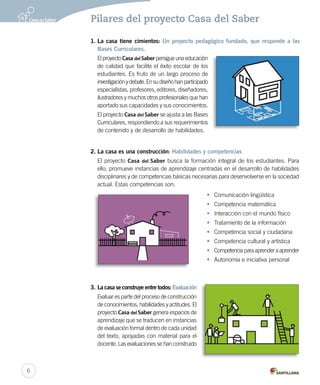 Pilares del proyecto Casa del Saber 
1. La casa tiene cimientos: Un proyecto pedagógico fundado, que responde a las 
Bases Curriculares. 
El proyecto Casa del Saber persigue una educación 
de calidad que facilite el éxito escolar de los 
estudiantes. Es fruto de un largo proceso de 
investigación y debate. En su diseño han participado 
especialistas, profesores, editores, diseñadores, 
ilustradores y muchos otros profesionales que han 
aportado sus capacidades y sus conocimientos. 
El proyecto Casa del Saber se ajusta a las Bases 
Curriculares, respondiendo a sus requerimientos 
de contenido y de desarrollo de habilidades. 
2. La casa es una construcción: Habilidades y competencias 
El proyecto Casa del Saber busca la formación integral de los estudiantes. Para 
ello, promueve instancias de aprendizaje centradas en el desarrollo de habilidades 
disciplinares y de competencias básicas necesarias para desenvolverse en la sociedad 
actual. Estas competencias son: 
• Comunicación lingüística 
• Competencia matemática 
• Interacción con el mundo físico 
• Tratamiento de la información 
• Competencia social y ciudadana 
• Competencia cultural y artística 
• Competencia para aprender a aprender 
• Autonomía e iniciativa personal 
3. La casa se construye entre todos: Evaluación 
Evaluar es parte del proceso de construcción 
de conocimientos, habilidades y actitudes. El 
proyecto Casa del Saber genera espacios de 
aprendizaje que se traducen en instancias 
de evaluación formal dentro de cada unidad 
del texto, apoyadas con material para el 
docente. Las evaluaciones se han construido 
6 
 