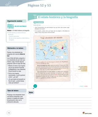 Módulo 
1 
Unidad 6 / Lectura 
El relato histórico y la biografía 
Lee y responde 
Antes de leer 
• ¿Qué características de personalidad hay que tener para desear viajar 
alrededor del mundo? 
• En el pasado, ¿cuáles crees que hayan sssiiidddooo los peligros o dificultades de 
viajar en barco hacia tierras desconocidas? 
¿Por qué los marinos 
habrán dado este 
nombre al océano que 
descubrieron? 
Viaje alrededor del mundo 
0° 180° 
30° 30° 60° 60° 90° 90° 120° 150° 
Islas 
Azores 
120° 
TártaTártaTártaT ros Mongoles 
CalicutCalicutCalicut 
Imperio 
Chino 
MacaoMacaoMacao 
Cipango 
OCÉANO 
PACÍFICO 
Islas FilipinasIslas Filipinas 
Islas 
MolucasMolucasMolucasMolucasMolucasMolucasMolucasMolucasMolucasMolucasMolucasMolucasMolucas 
80° 
CeilánCeilán 
CaboCaboCaboCabo 
BojadorBojadorBojadorBojador 
Meridiano de G Greenwicheenwich 
M u n do I sl ámico 
Pigmeos 
Golfo 
de Guinea 
Bantúes 
Hotentotes 
Cabo deCabo de 
O C É AN O 
ATLÁN T I CO 
Buena EsperanzaBuena Esperanza 
Islas 
Cabo Verdeerdeerde Verde V 
Mohicanos 
Caribes 
Araucanos 
Estrecho de Magallanes 
CírculoPolarÁrtico 
60° 
40° 
Trópico de Cáncer 
Esquimales 
Imperio 
Azteca 
O C ÉA NO 
20° 
20° 
Trópico de Capricornio 
PACÍ F ICO 
O C É A N O 
Í N D I C O 
80° 
60° 
Aborígenes 
150° 
40° 
20° 
Ecuador 
20° 
150° 
Hurones 
Civilización 
maya 
Imperio 
IncaIncaIncaIncaIncaInca 
Viaje de Fernando de Magallanes 
y Sebastián Elcano 
Magallanes-Elcano 1519-22 
120° 0° 30° 60° 90° 
40° 
120° 150° 30° 60° 90° 
40° 
Desde la salida del estrecho hasta la muerte de Magallanes, 
y nuestra partida de Zubu. 
28 de noviembre de 1520. Salida del estrecho. El miércoles 28 de 
noviembre desembocamos del estrecho para entrar en el gran mar, al 
que en seguida llamamos Pacífico, en el cual navegamos durante tres 
meses y veinte días sin probar ningún alimento fresco. 
Mala alimentación en el mar pacífico. La galleta que comíamos 
no era ya pan, sino un polvo mezclado con gusanos, que habían 
devorado toda sustancia y que tenía un hedor insoportable por estar 
empapado en orines de rata. El agua que nos veíamos obligados a 
beber era igualmente podrida y hedionda… 
52 
Organización modular 
UNIDAD 2: 
BIOGRAFÍA, RELATO HISTÓRICO 
Y NOTICIA 
Módulo 1: El relato histórico y la biografía 
• El texto expositivo y la función referencial 
del lenguaje 
– Situación comunicativa 
– Dos tipos de texto expositivo: el relato histórico y 
Motivación a la lectura 
Tipos de lectura 
74 
Notas 
la biografía 
Páginas 52 y 53 
Plantee a los estudiantes las 
preguntas de la sección Antes de 
leer. 
Lea el título del texto y pregunte a 
sus estudiantes de qué creen que 
tratará. Luego, formule algunas 
preguntas sobre el mapa del viaje: 
• Nombra al menos cinco lugares 
por los que pasaron Fernando 
de Magallanes y Juan Sebastián 
Elcano durante su viaje. 
• De los cinco lugares 
mencionados, ¿cuál te gustaría 
visitar?, ¿por qué? 
• ¿En qué medio de transporte se 
hizo el viaje?, ¿cuánto tiempo 
crees que tardaron? 
Proponga a los estudiantes hacer 
una lectura compartida, para 
apreciar si respetan los signos 
de puntuación y leen con la 
entonación adecuada. 
 