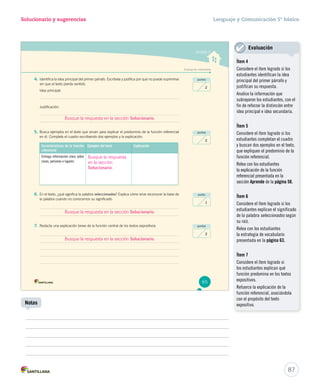 Solucionario y sugerencias Lenguaje y Comunicación 5º básico 
Unidad 2 
Evaluación intermedia 
puntos 
2 
puntos 
2 
punto 
1 
puntos 
2 
4. Identifica la idea principal del primer párrafo. Escríbela y justifica por qué no puede suprimirse 
sin que el texto pierda sentido. 
Idea principal: 
Justificación: 
5. Busca ejemplos en el texto que sirvan para explicar el predominio de la función referencial 
en él. Completa el cuadro escribiendo dos ejemplos y la explicación. 
Características de la función 
referencial 
Ejemplos del texto Explicación 
Entrega información clara sobre 
cosas, personas o lugares. 
Busque la respuesta 
en la sección 
Solucionario. 
6. En el texto, ¿qué significa la palabra seleccionados? Explica cómo sirve reconocer la base de 
la palabra cuando no conocemos su significado. 
Busque la respuesta en la sección Solucionario. 
7. Redacta una explicación breve de la función central de los textos expositivos. 
65 
87 
Notas 
Evaluación 
Ítem 4 
Considere el ítem logrado si los 
estudiantes identifican la idea 
principal del primer párrafo y 
justifican su respuesta. 
Analice la información que 
subrayaron los estudiantes, con el 
fin de reforzar la distinción entre 
idea principal e idea secundaria. 
Ítem 5 
Considere el ítem logrado si los 
estudiantes completan el cuadro 
y buscan dos ejemplos en el texto, 
que expliquen el predominio de la 
función referencial. 
Relea con los estudiantes 
la explicación de la función 
referencial presentada en la 
sección Aprende de la página 58. 
Ítem 6 
Considere el ítem logrado si los 
estudiantes explican el significado 
de la palabra seleccionados según 
su raíz. 
Relea con los estudiantes 
la estrategia de vocabulario 
presentada en la página 63. 
Ítem 7 
Considere el ítem logrado si 
los estudiantes explican qué 
función predomina en los textos 
expositivos. 
Refuerce la explicación de la 
función referencial, asociándola 
con el propósito del texto 
expositivo. 
Busque la respuesta en la sección Solucionario. 
Busque la respuesta en la sección Solucionario. 
 