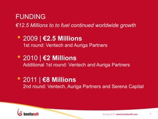 FUNDING
€12.5 Millions to to fuel continued worldwide growth

• 2009 | €2.5 Millions
   1st round: Ventech and Auriga Partners

• 2010 | €2 Millions
   Additional 1st round: Ventech and Auriga Partners


• 2011 | €8 Millions
   2nd round: Ventech, Auriga Partners and Serena Capital




                                                            7
 